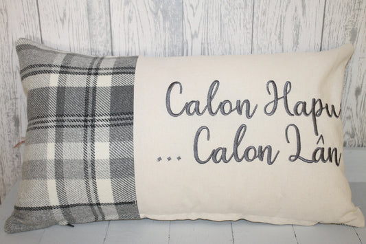 Calon Hapus , Calon Lan Cushion-Personalised Cushion- Quote Cushion- Grey Check Wool touch and Cream long cushion. Personalised cushion-
