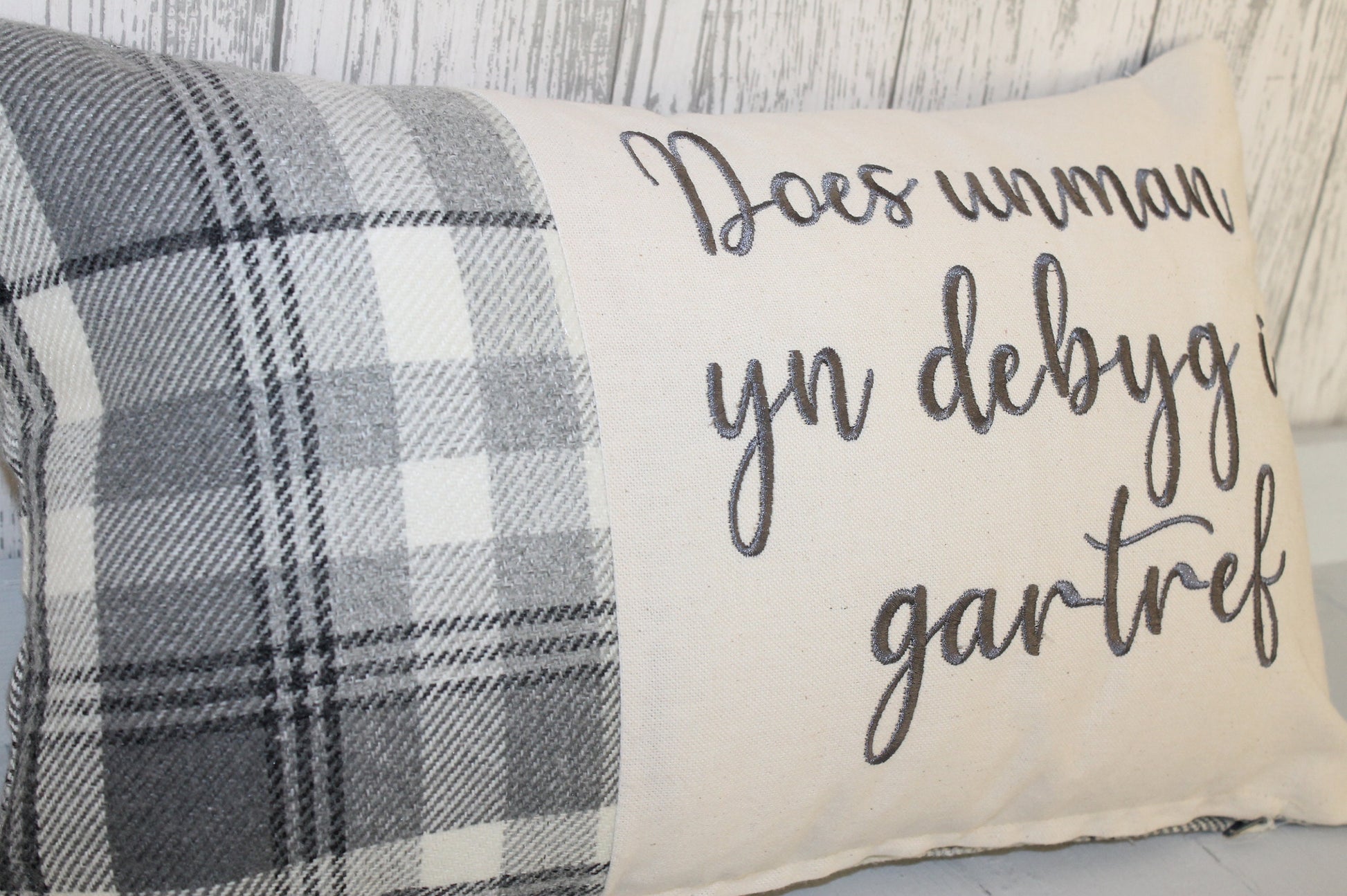 Welsh Quote Personalised Cushion- Quote Cushion- Grey Check Wool touch and Cream long cushion. Personalised cushion-