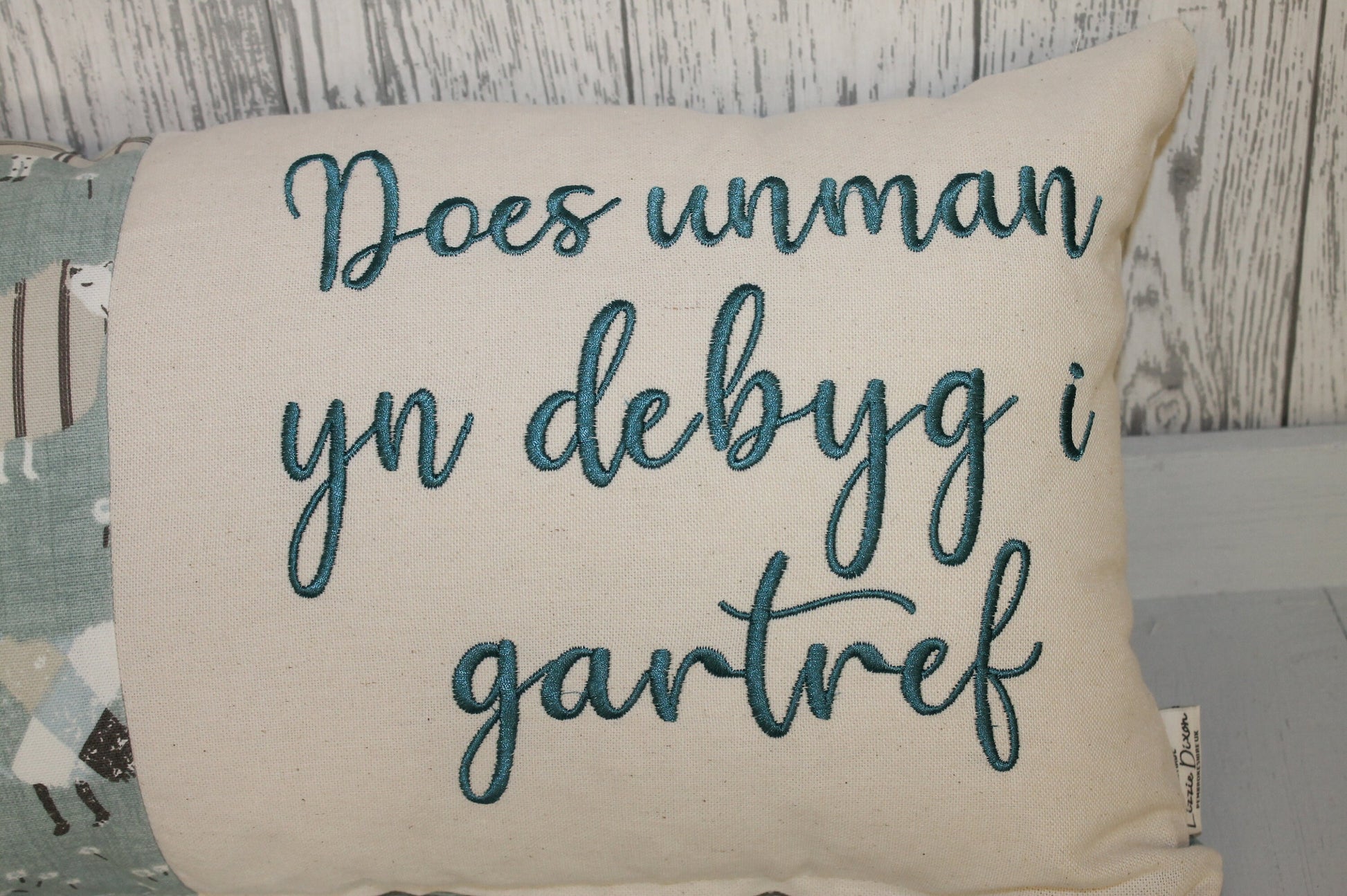 Welsh Quote Personalised Cushion- Quote Cushion- Duck egg Sheep long cushion. Personalised cushion-