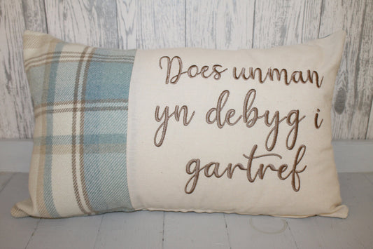 Welsh Quote Personalised Cushion- Quote Cushion- Blue Check Wool touch and Cream long cushion. Personalised cushion-