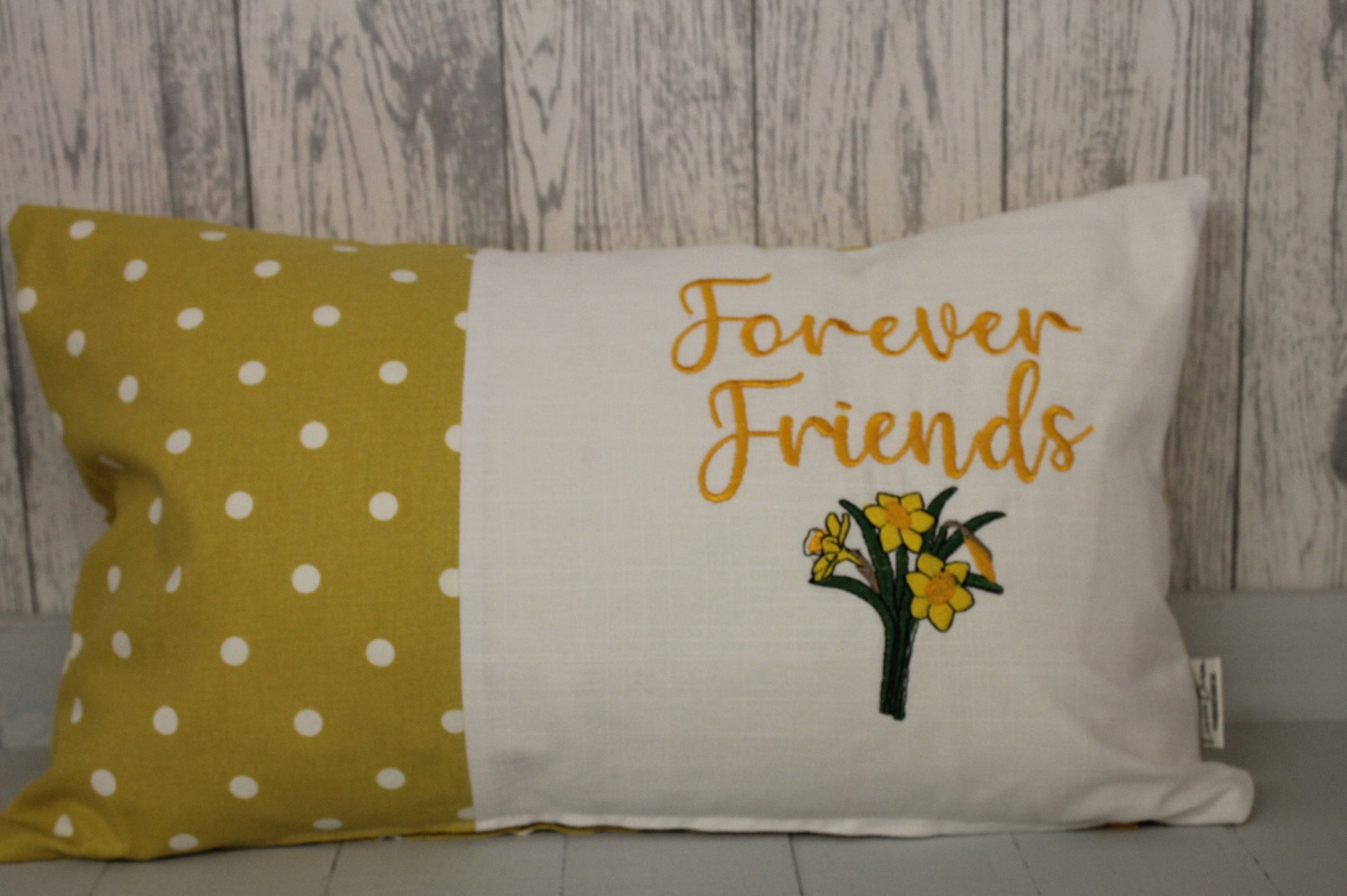 Forever Friends Spring Daffodil Cushion- Spring Cushion -Mustard Dotty Panel Long Cushion- Daffodil Cushion- Friends Cushion- Welsh Cushion