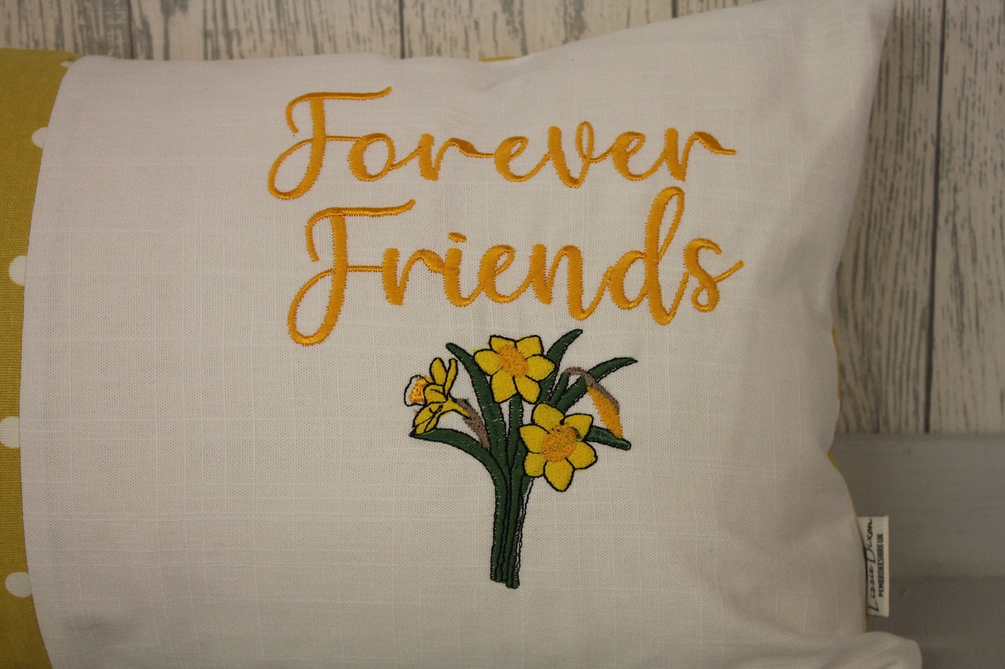 Forever Friends Spring Daffodil Cushion- Spring Cushion -Mustard Dotty Panel Long Cushion- Daffodil Cushion- Friends Cushion- Welsh Cushion