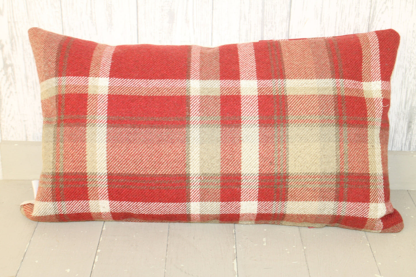 Cartref Cushion-Personalised Cushion- Quote Cushion- Red Check Wool touch and Cream long cushion. Personalised cushion- Handmade cushion