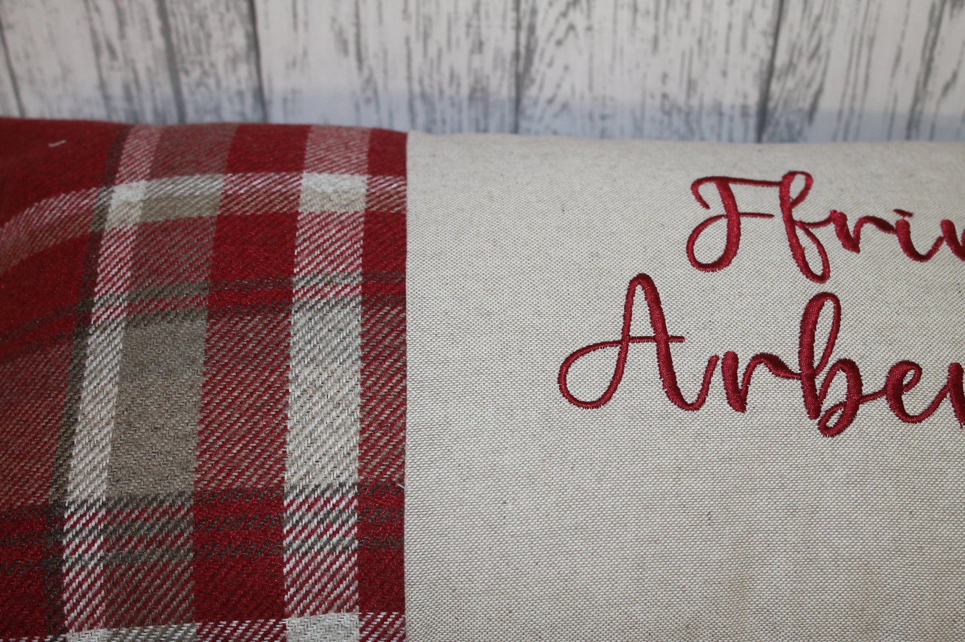 Ffrind Arbennig Cushion-Personalised Cushion- Quote Cushion- Red Check Wool touch & Cream long cushion.