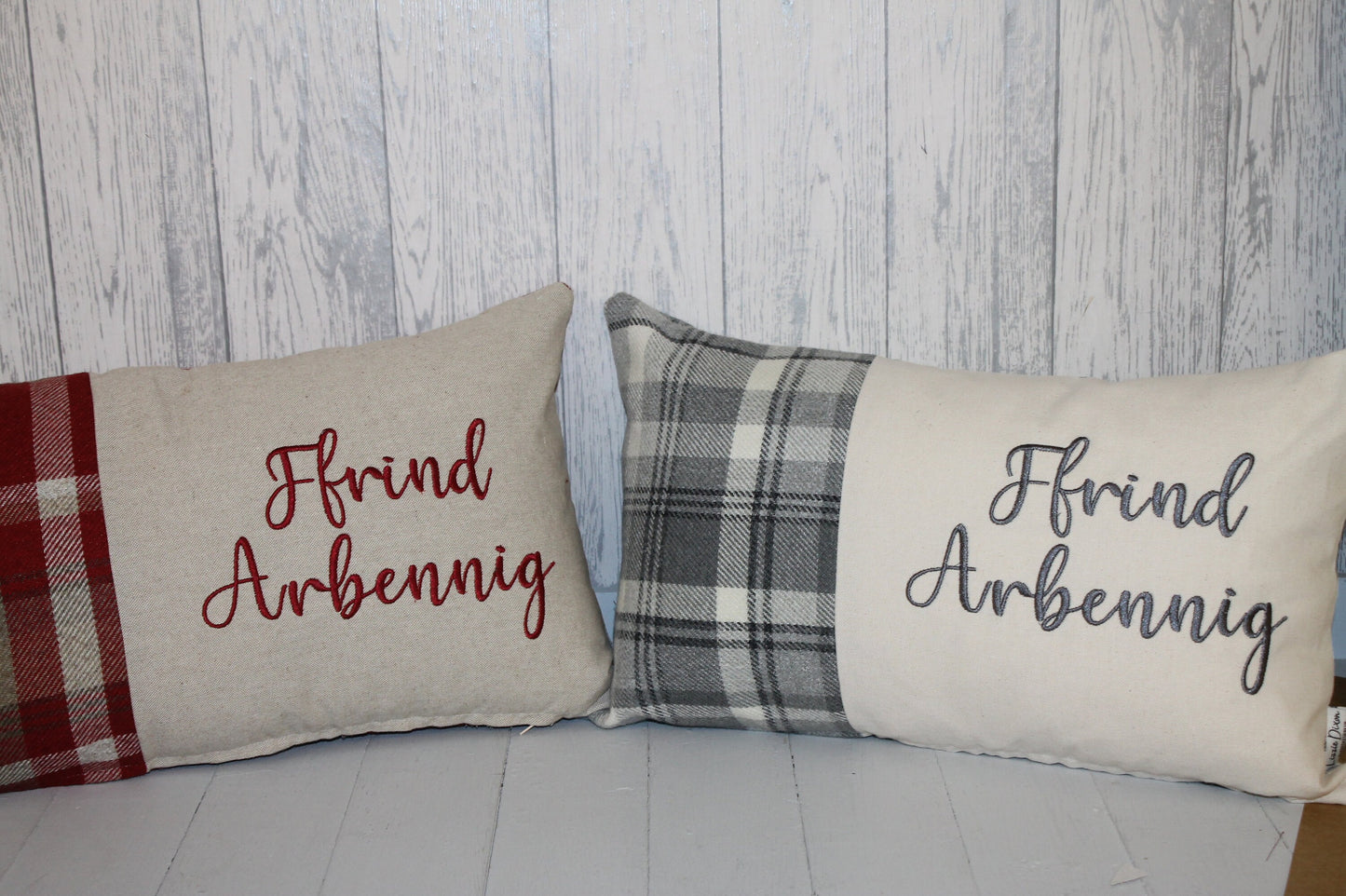 Ffrind Arbennig Cushion-Personalised Cushion- Quote Cushion- Grey Check Wool touch & Cream long cushion.