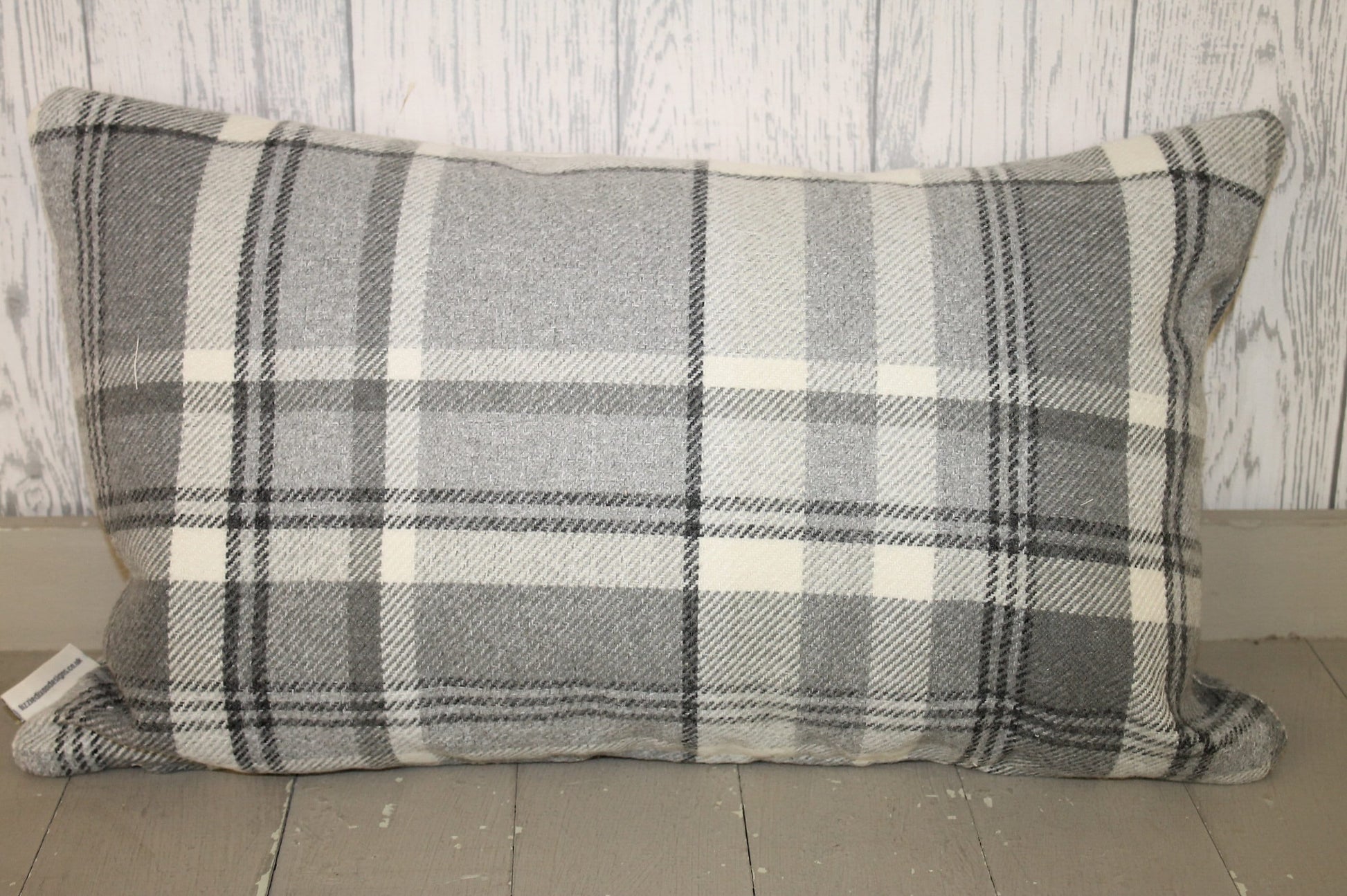 Calon Hapus , Calon Lan Cushion-Personalised Cushion- Quote Cushion- Grey Check Wool touch and Cream long cushion. Personalised cushion-