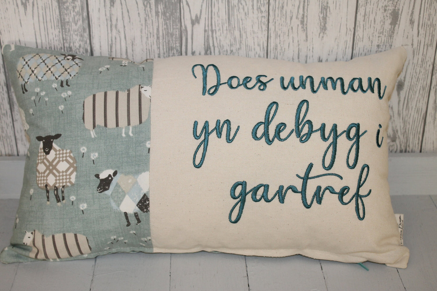 Welsh Quote Personalised Cushion- Quote Cushion- Duck egg Sheep long cushion. Personalised cushion-