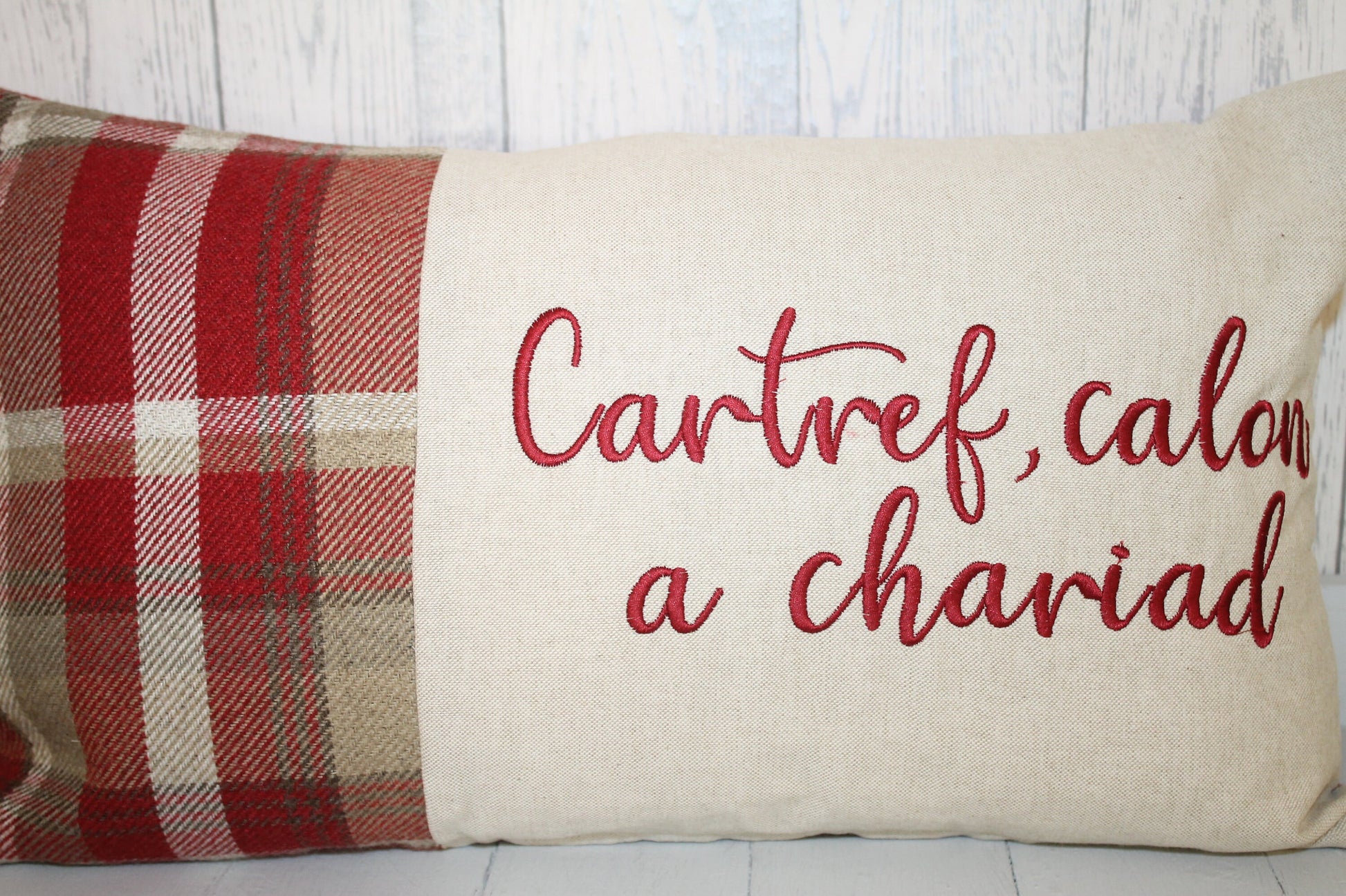 Cartref calon a chariad Cushion-Personalised Cushion- Quote Cushion- Grey Check Wool touch and Cream long cushion. Personalised cushion