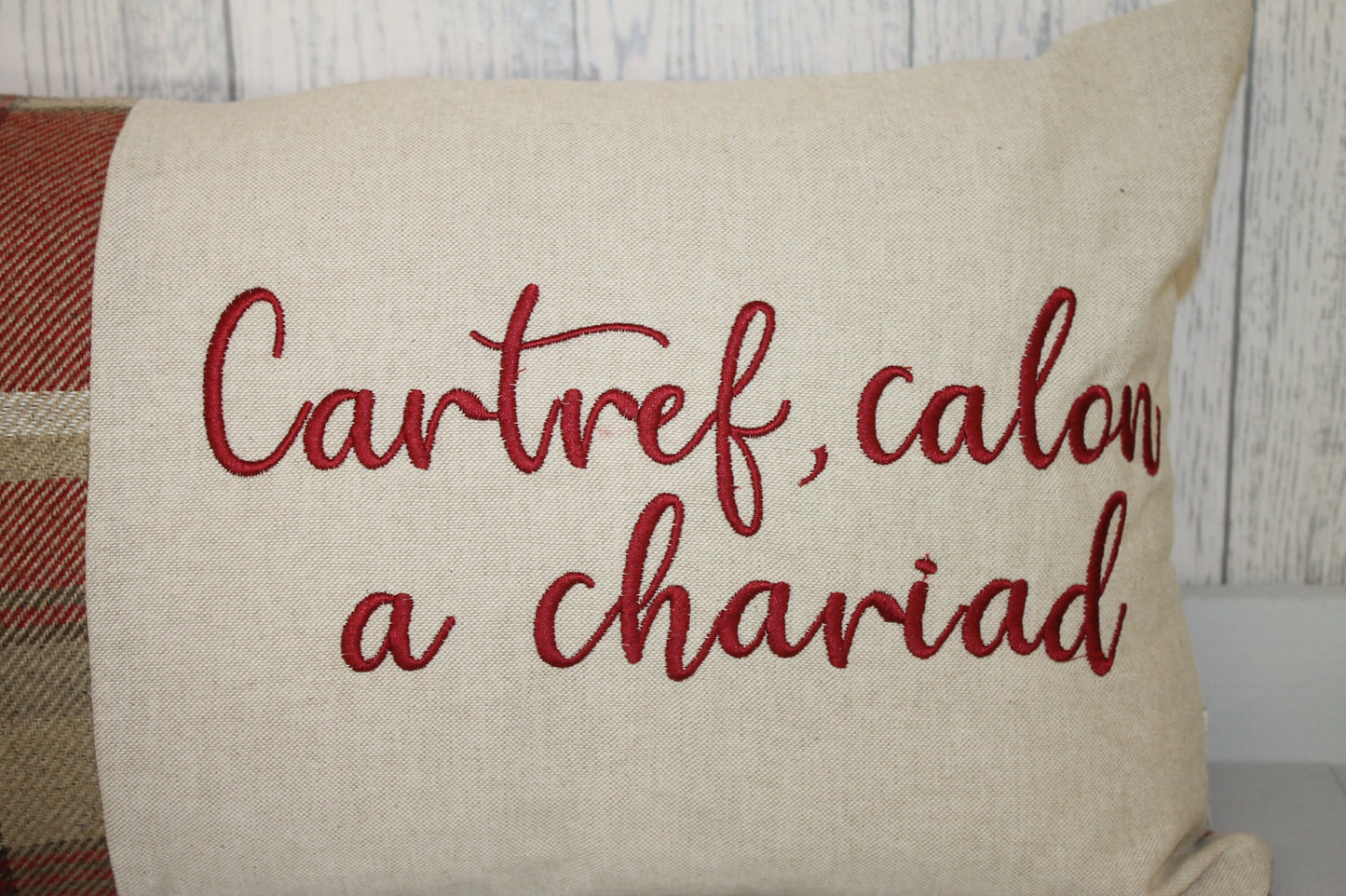 Cartref calon a chariad Cushion-Personalised Cushion- Quote Cushion- Grey Check Wool touch and Cream long cushion. Personalised cushion