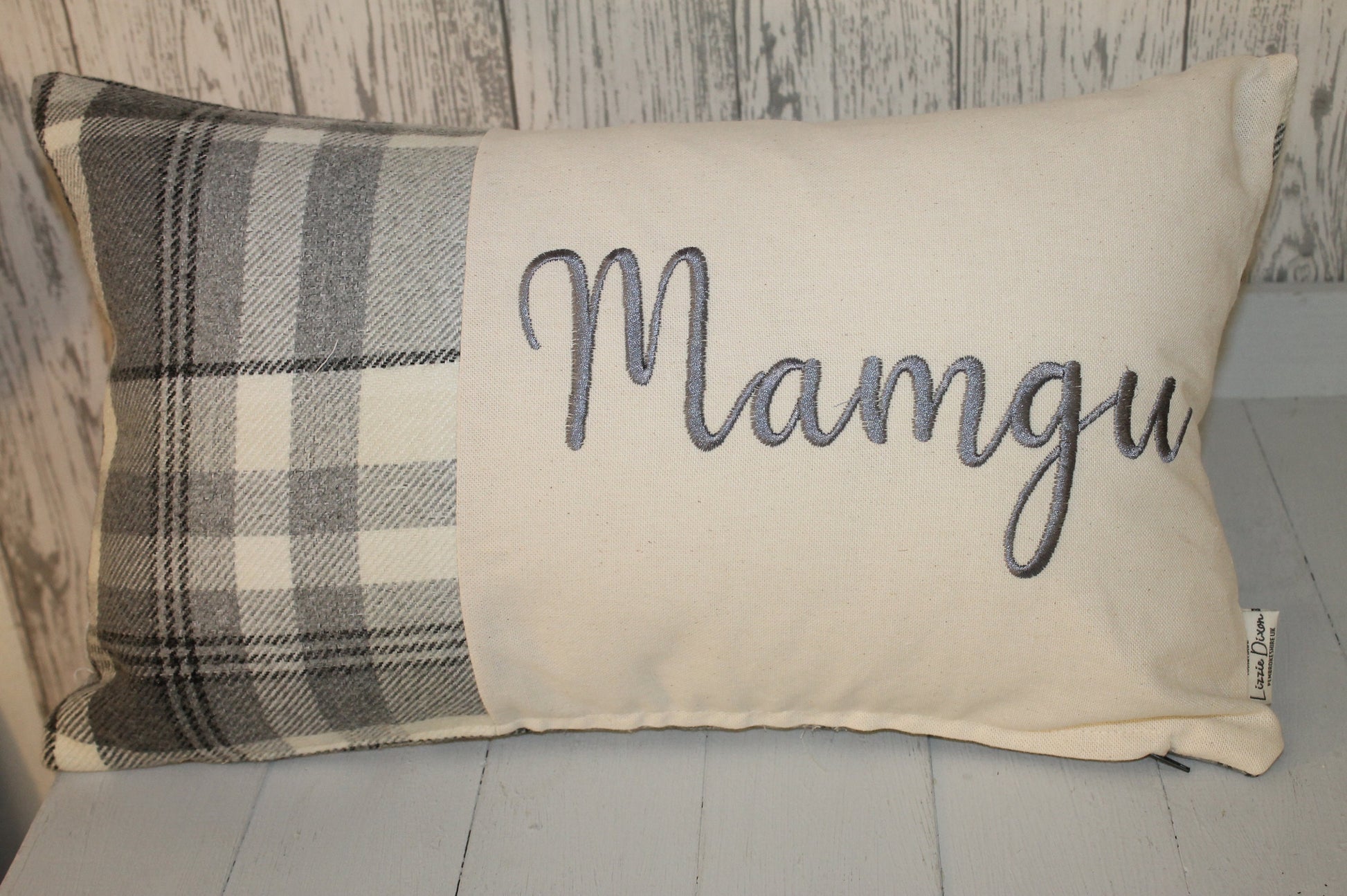 Mamgu Cushion-Personalised Cushion- Quote Cushion-Grey Check Wool touch & Cream long cushion. Personalised mother's day