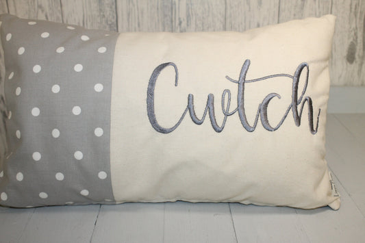 Cwtch Cushion-Personalised Cushion- Quote Cushion Grey dotty & Cream long cushion.