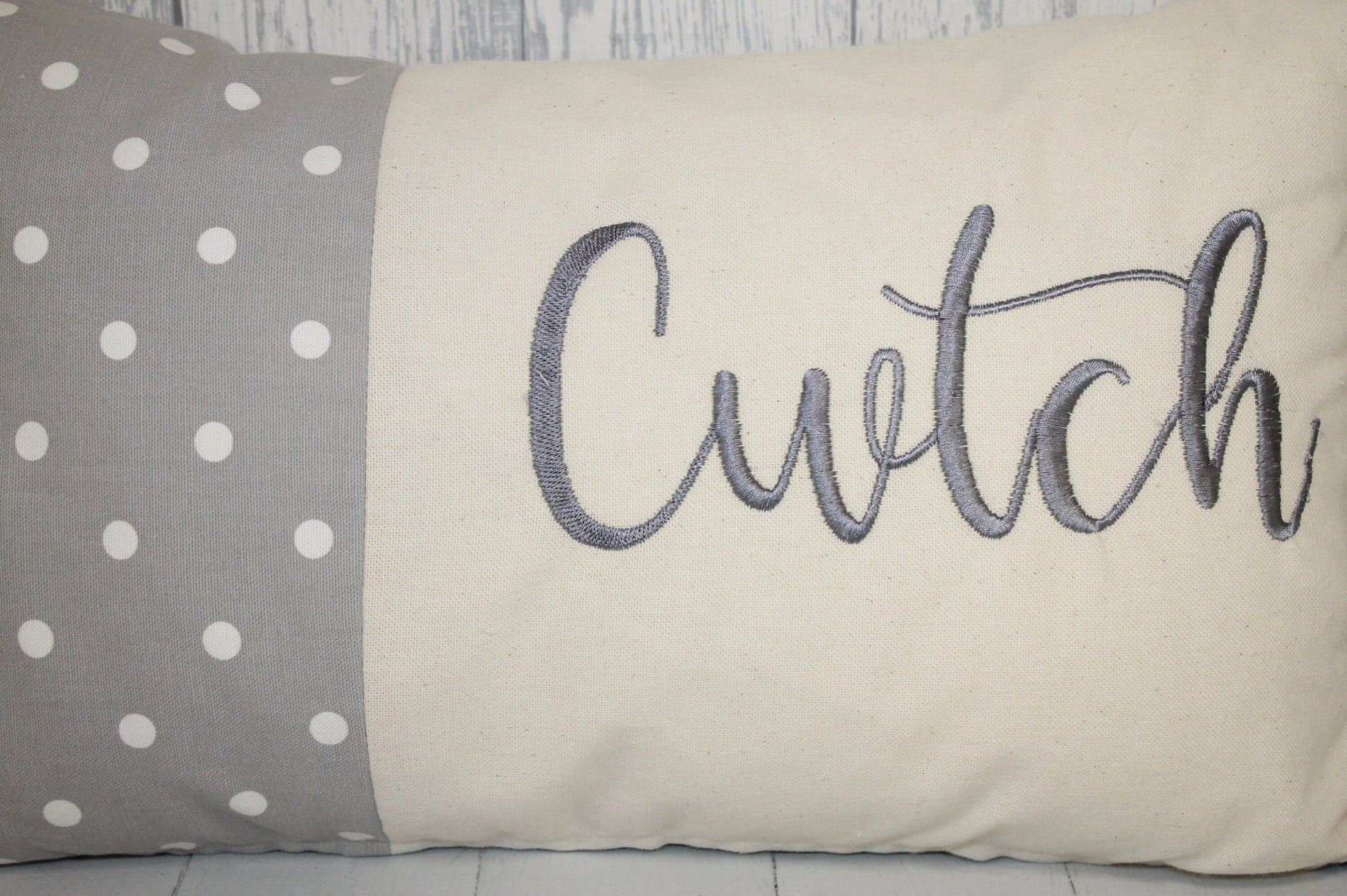Cwtch Cushion-Personalised Cushion- Quote Cushion Grey dotty & Cream long cushion.