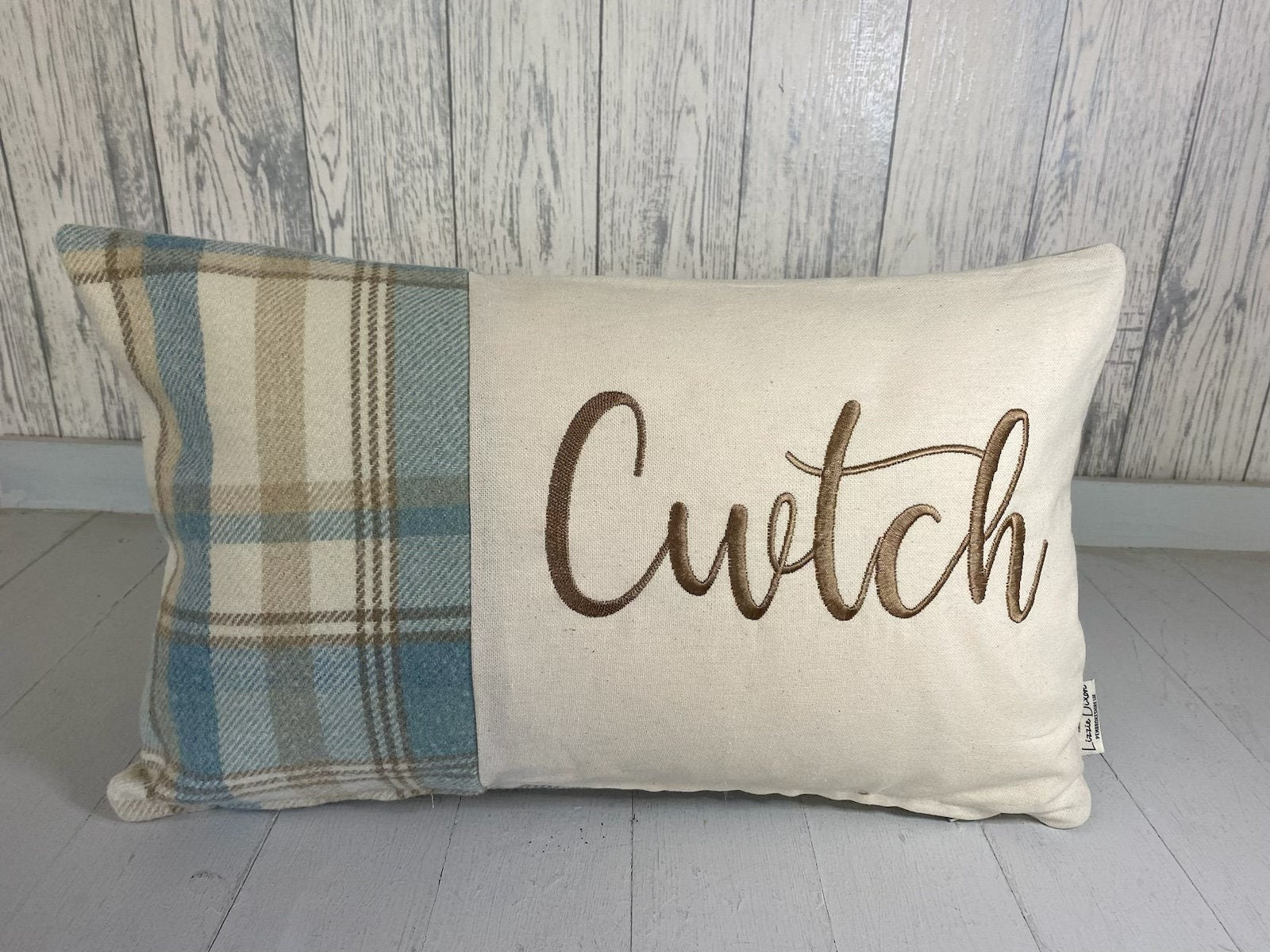 Cwtch Cushion-Personalised Cushion-Quote Cushion- Blue Wool touch & Cream long cushion.