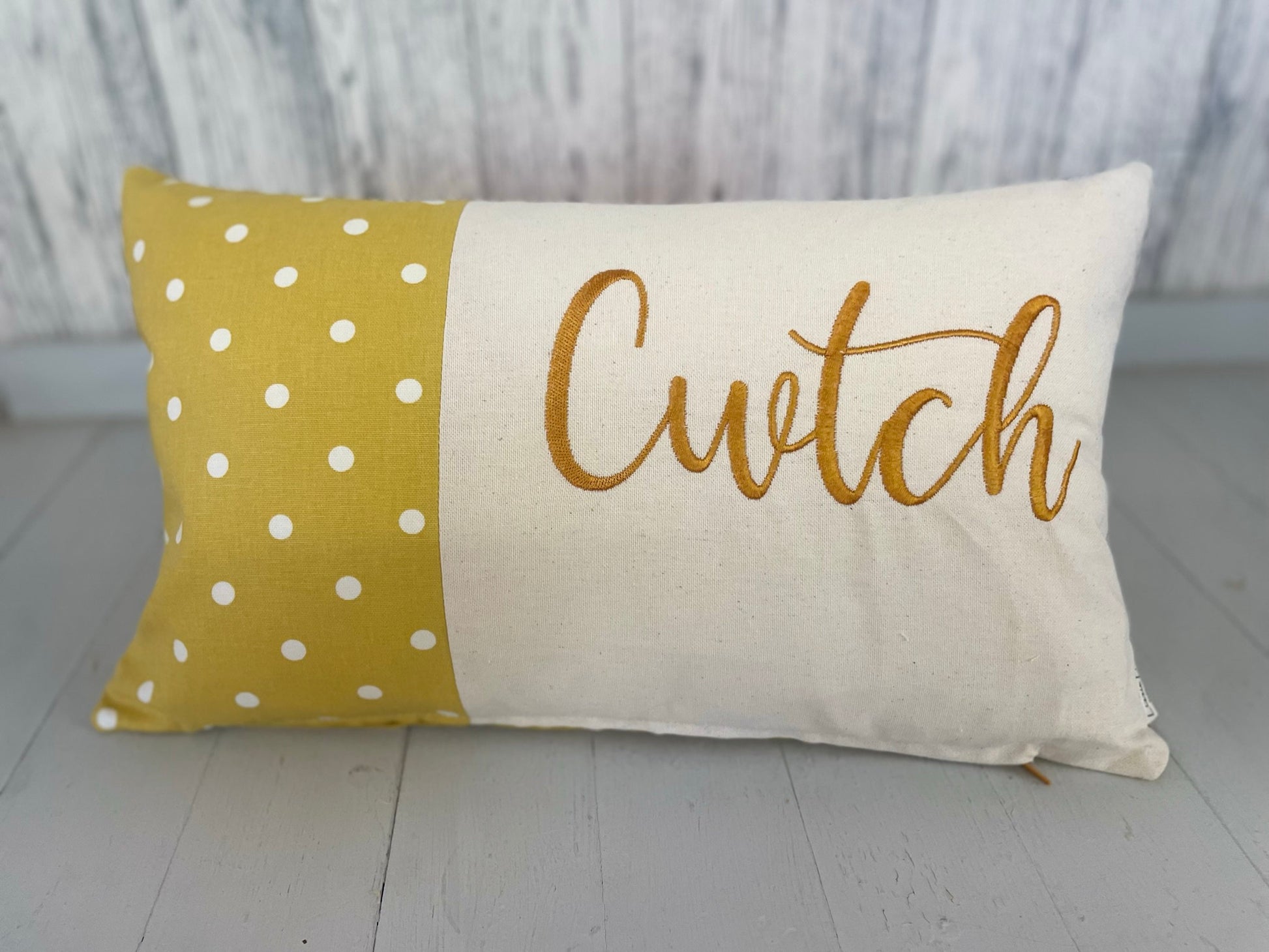 Cwtch Cushion-Personalised Cushion- Quote Cushion mustard dotty & Cream long cushion.