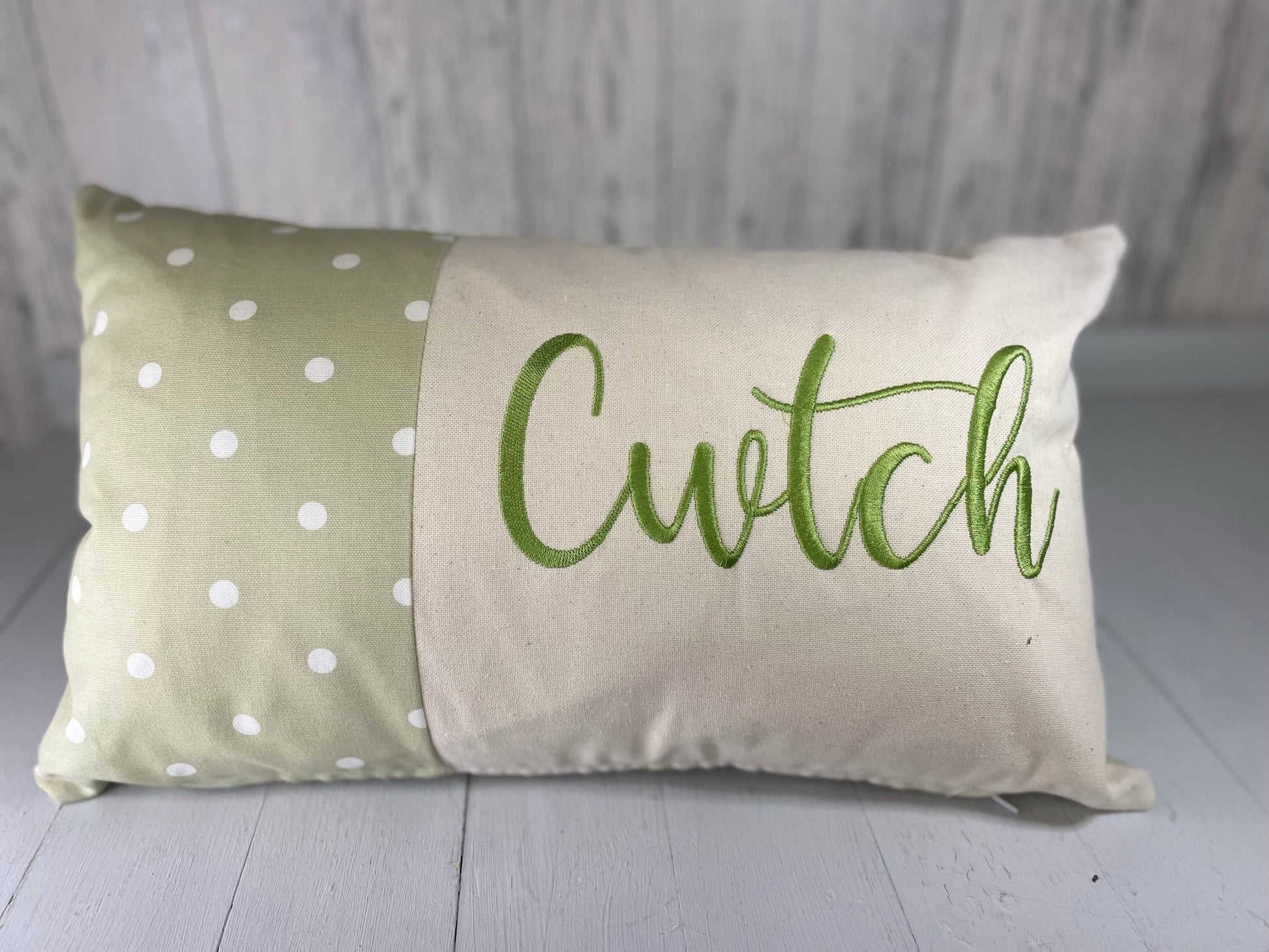 Cwtch Cushion-Personalised Cushion- Quote Cushion pretty Green dotty & Cream long cushion.