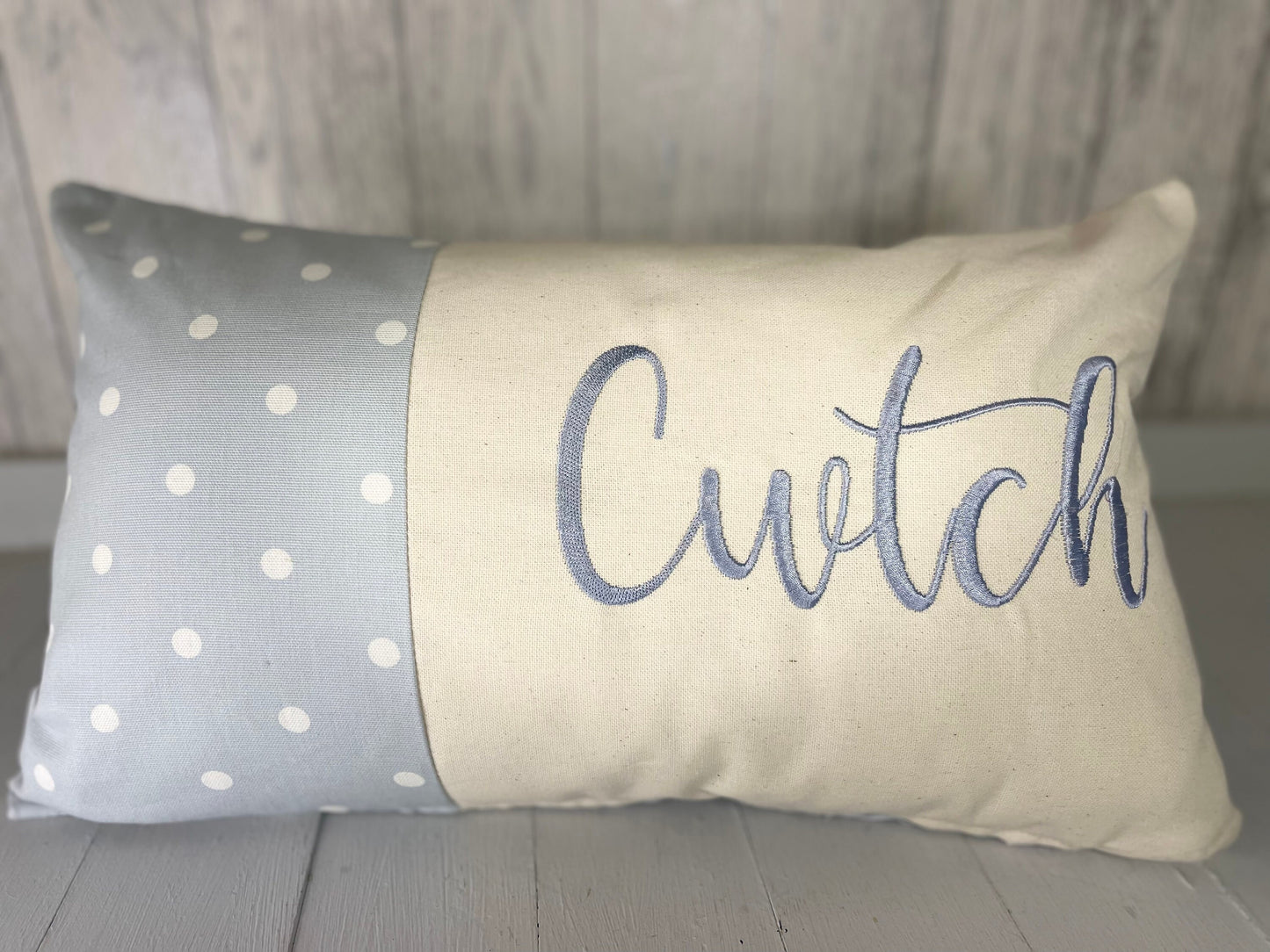 Cwtch Long Cushion-Blue Dotty panel Lumber cushion- welsh quote cushion