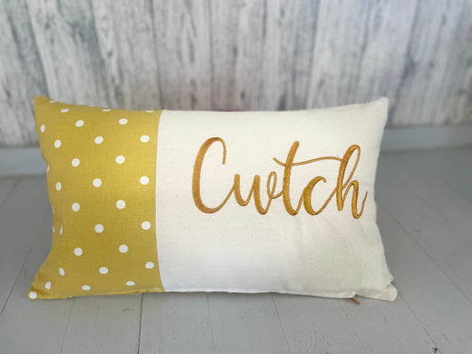 Cwtch Cushion, Mustard spotty Cushion. Welsh Cwtch Pillow,Cuddle Cushion, Handmade Welsh Gift, Grey Dotty and Mustard