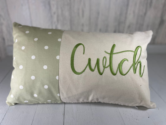 Cwtch Cushion-Personalised Cushion- Quote Cushion pretty Green dotty & Cream long cushion.