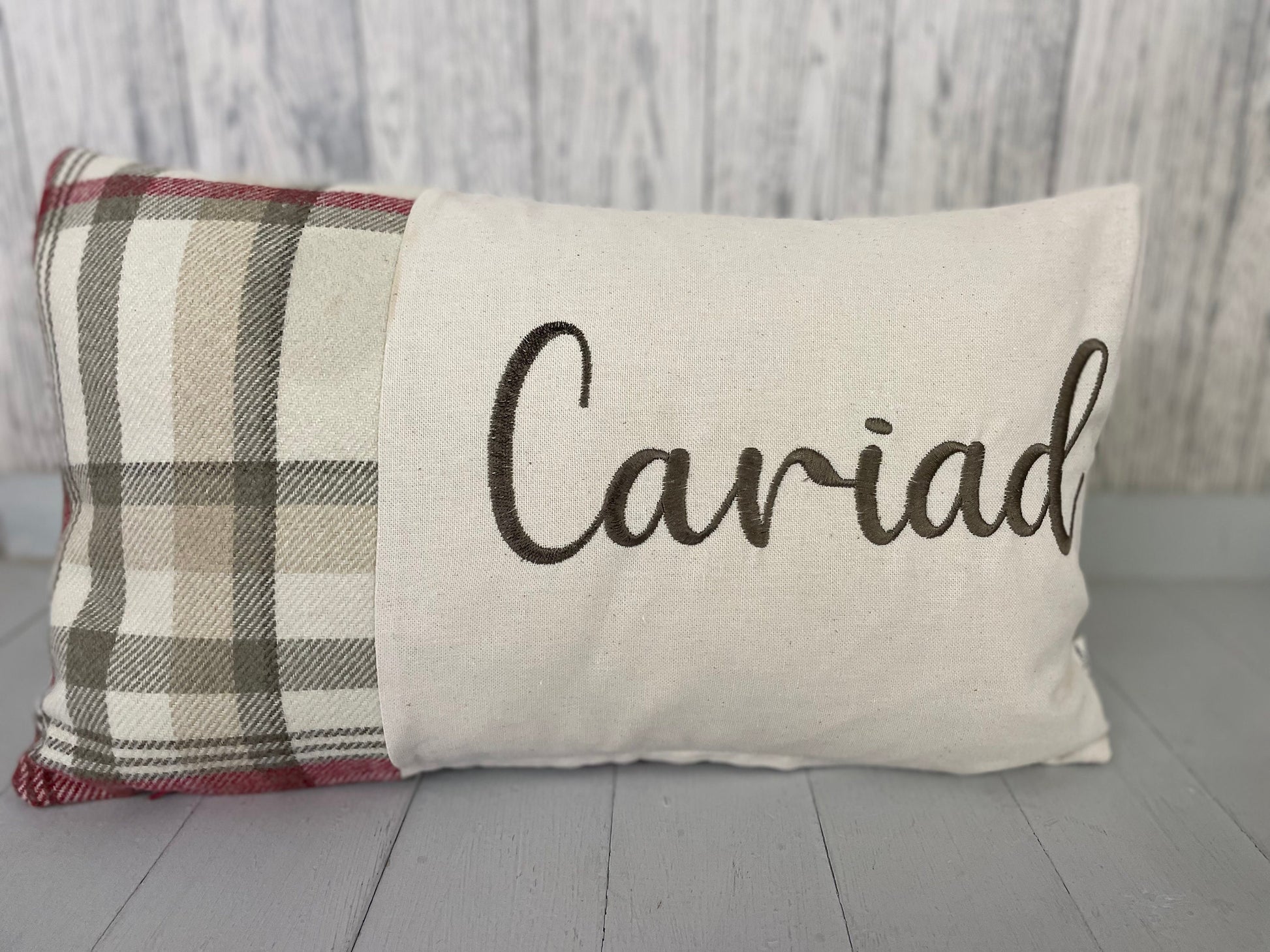 Cariad Cushion- Cranberry wool touch long cushion-welsh quote cushion