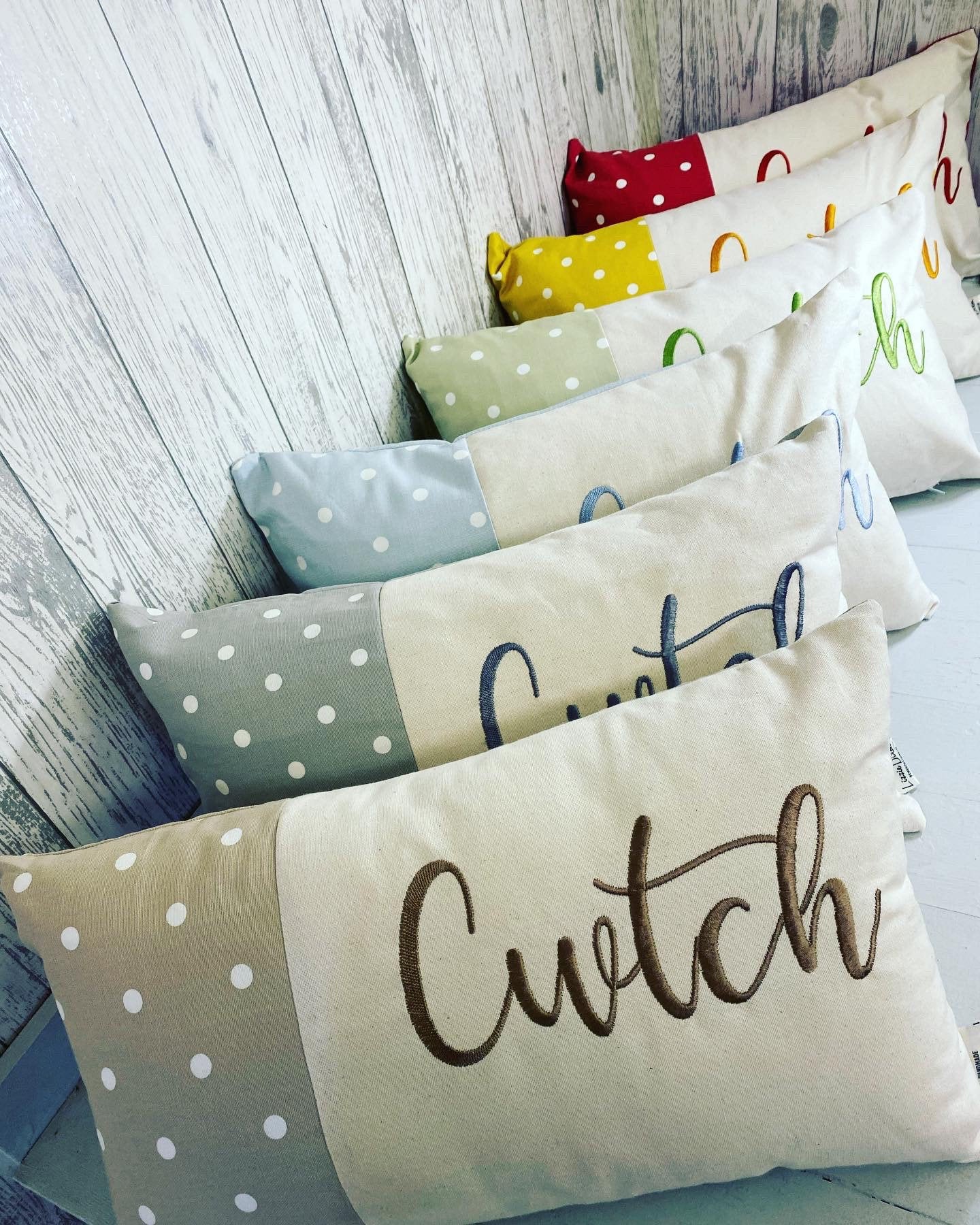 Cwtch Cushion-Personalised Cushion- Quote Cushion-Taupe dotty & Cream long cushion.