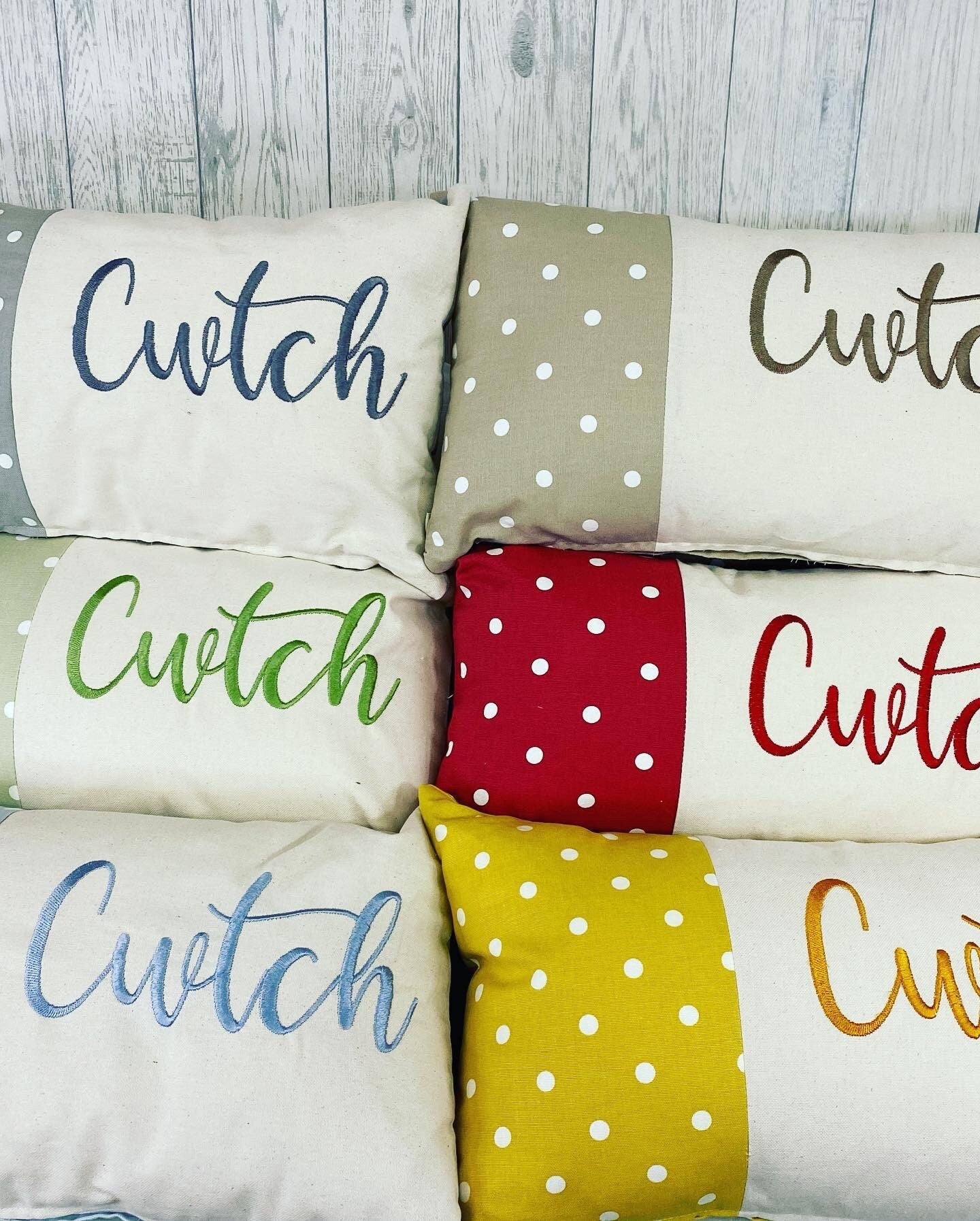 Cwtch Cushion-Personalised Cushion- Quote Cushion mustard dotty & Cream long cushion.