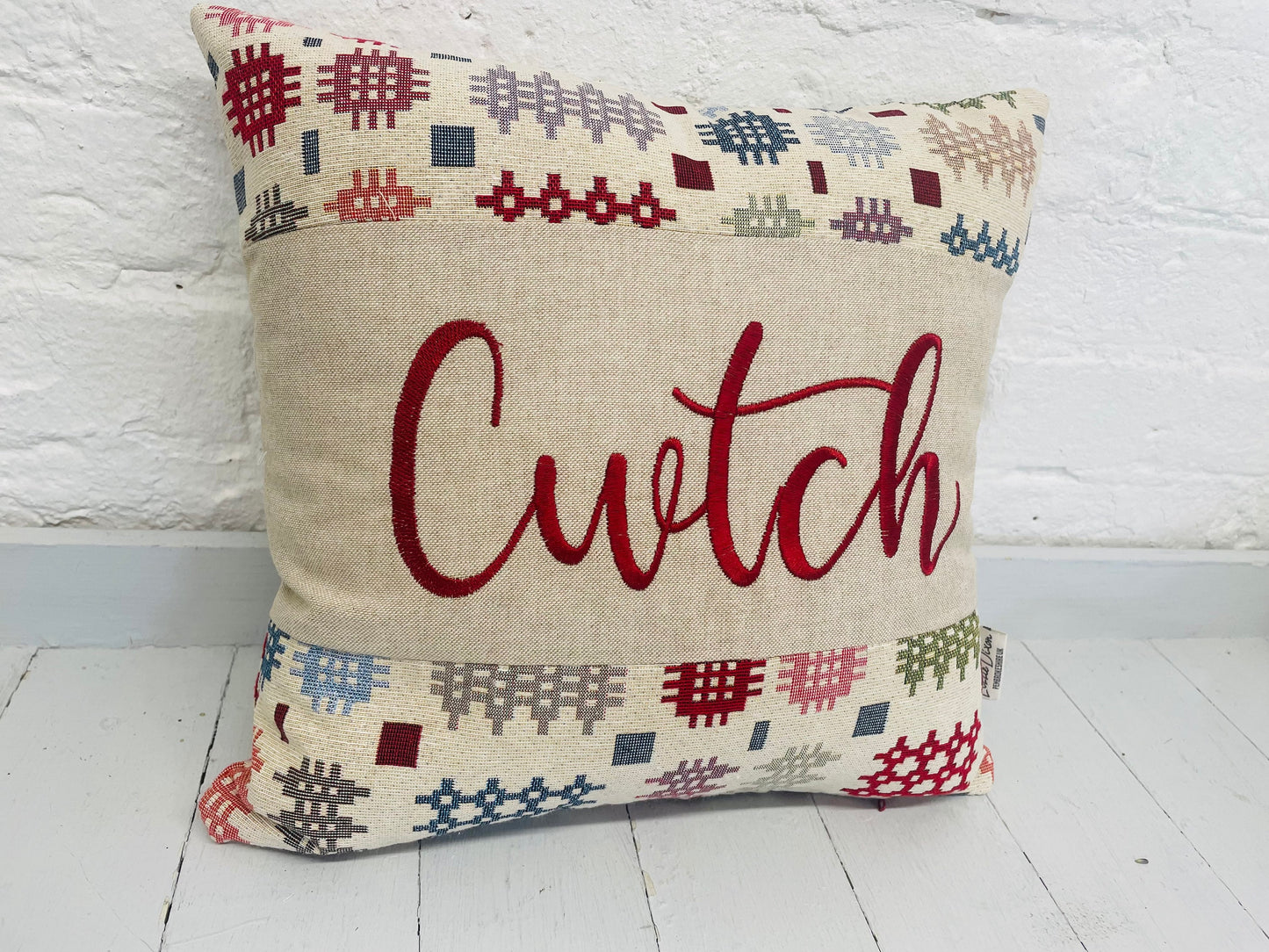Welsh Blanket style Cwtch Cushion-Personalised Cushion- Quote Cushion-welsh tapestry style 16” Square Cushion