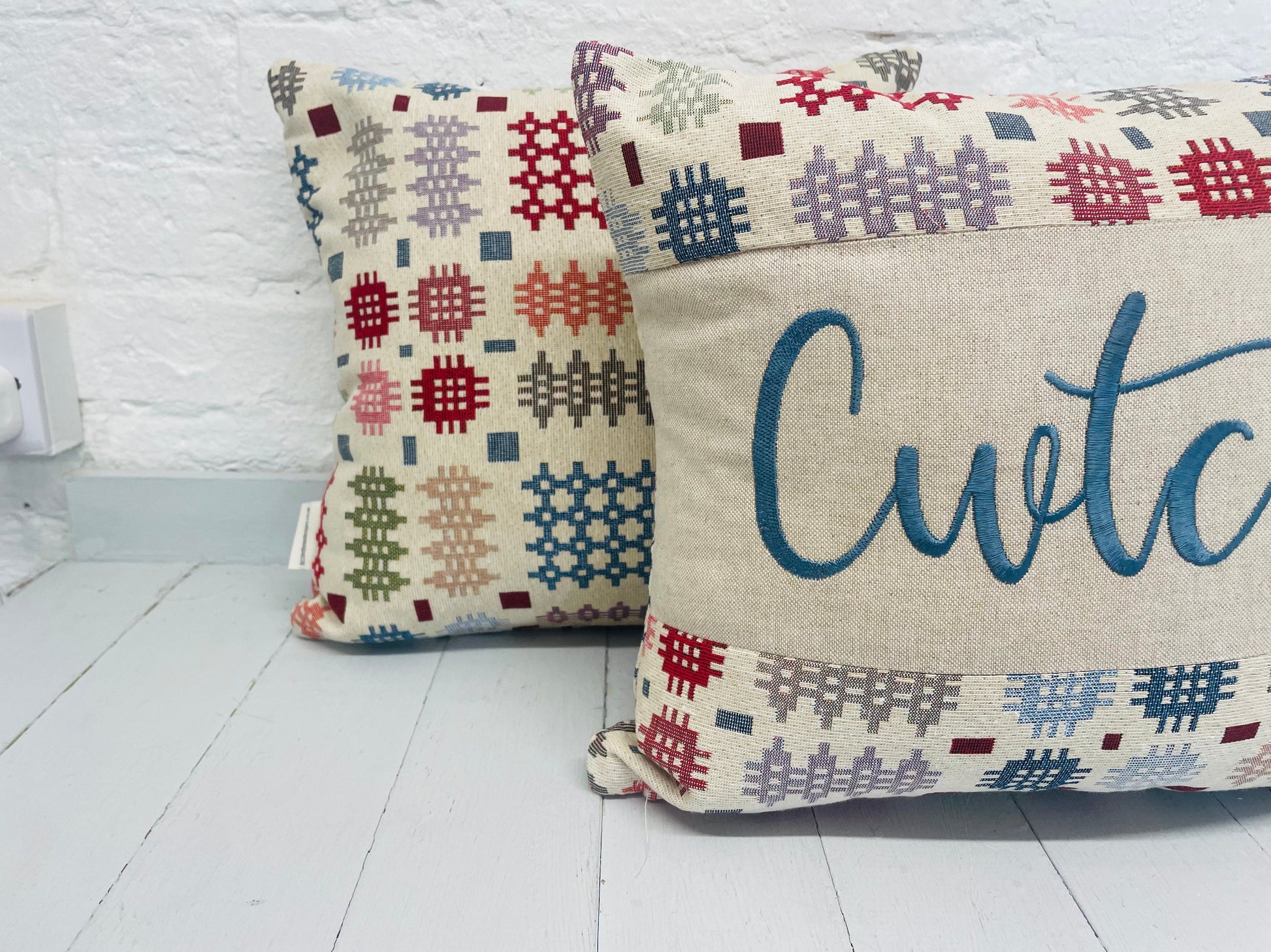 Welsh Blanket style Cwtch Cushion-Personalised Cushion- Quote Cushion-welsh tapestry style 16” Square Cushion