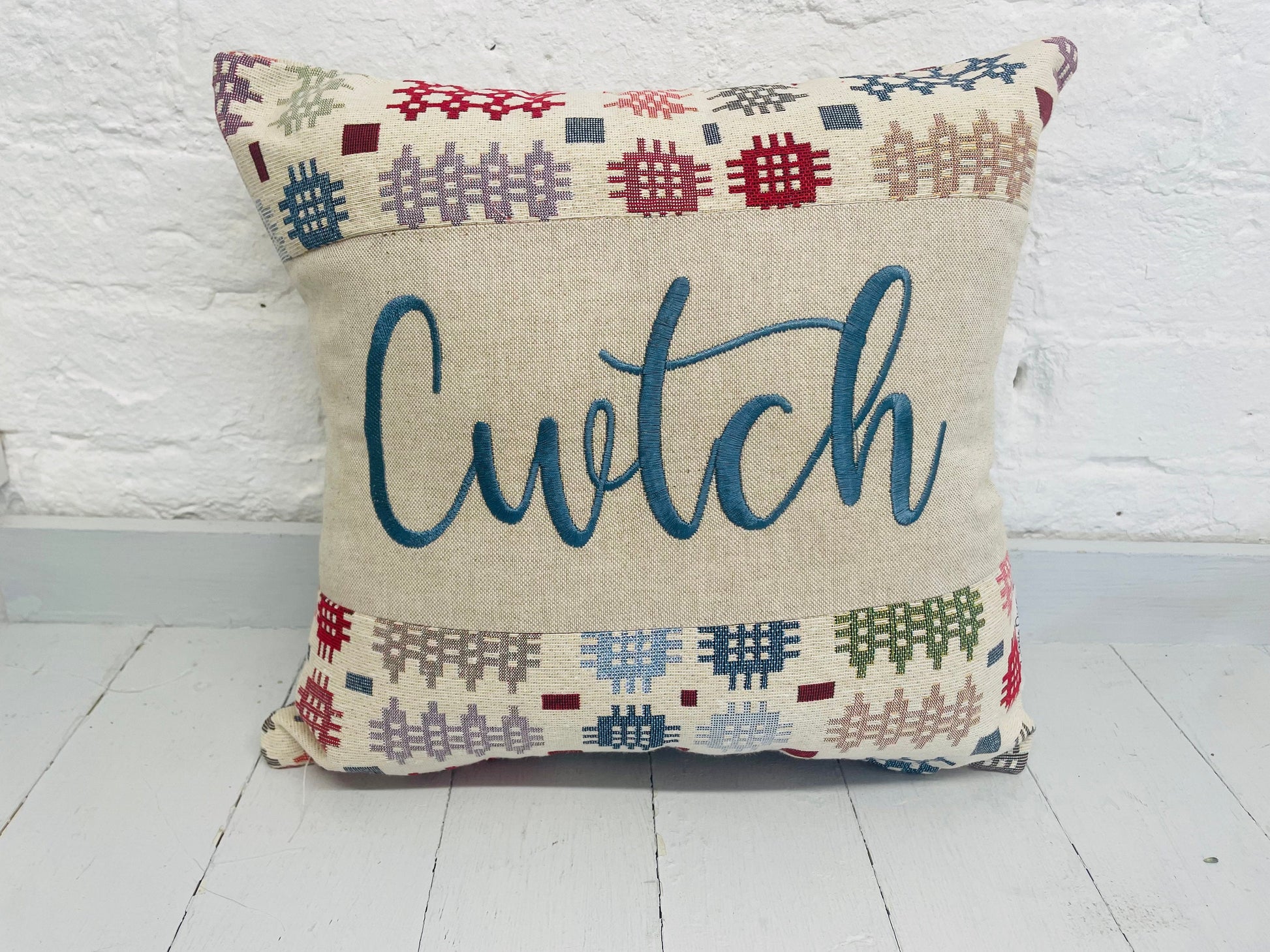 Welsh Blanket style Cwtch Cushion-Personalised Cushion- Quote Cushion-welsh tapestry style 16” Square Cushion