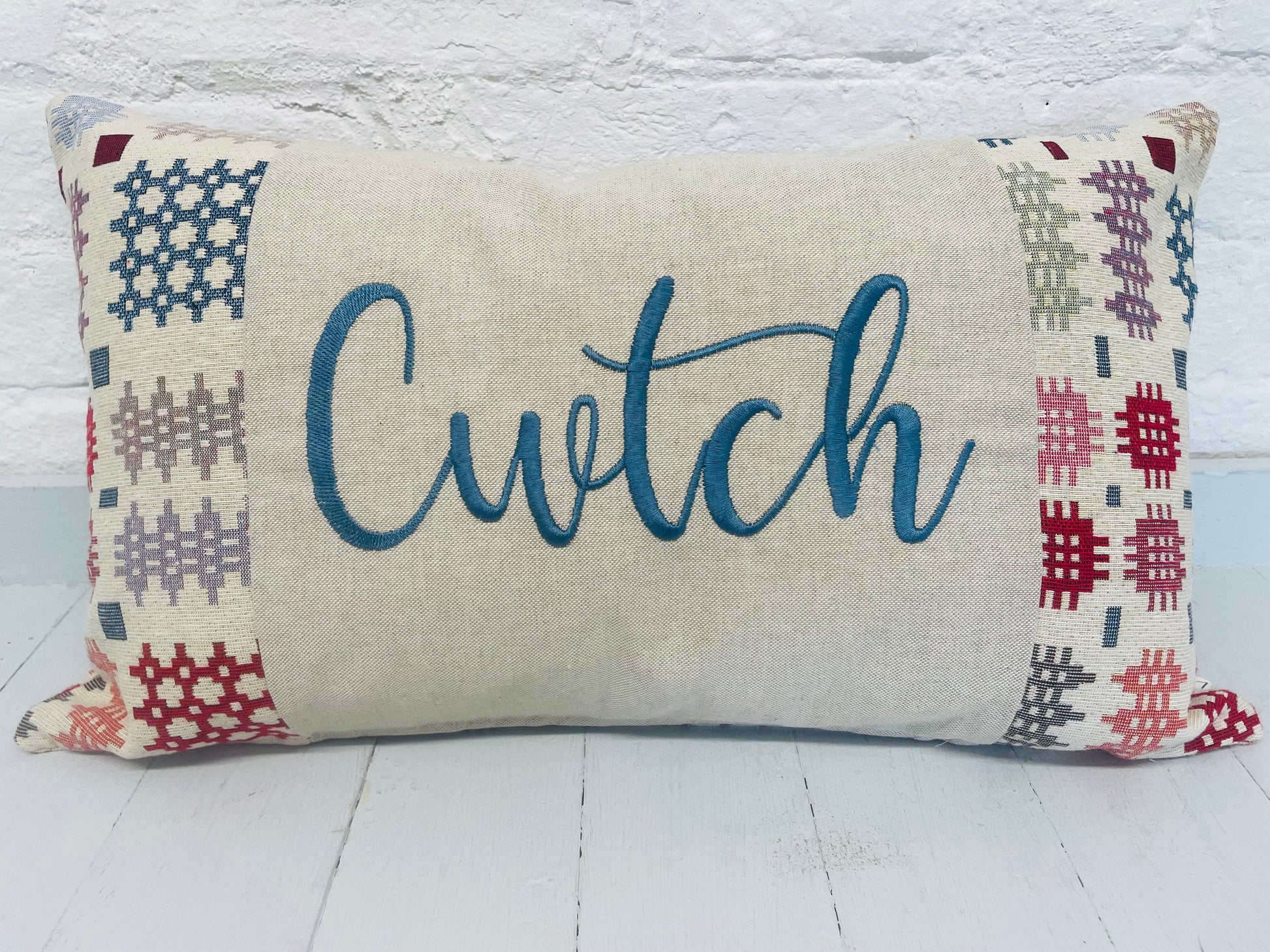 Welsh Blanket style Cwtch Cushion-Personalised Cushion- Quote Cushion-welsh tapestry style long cushion.