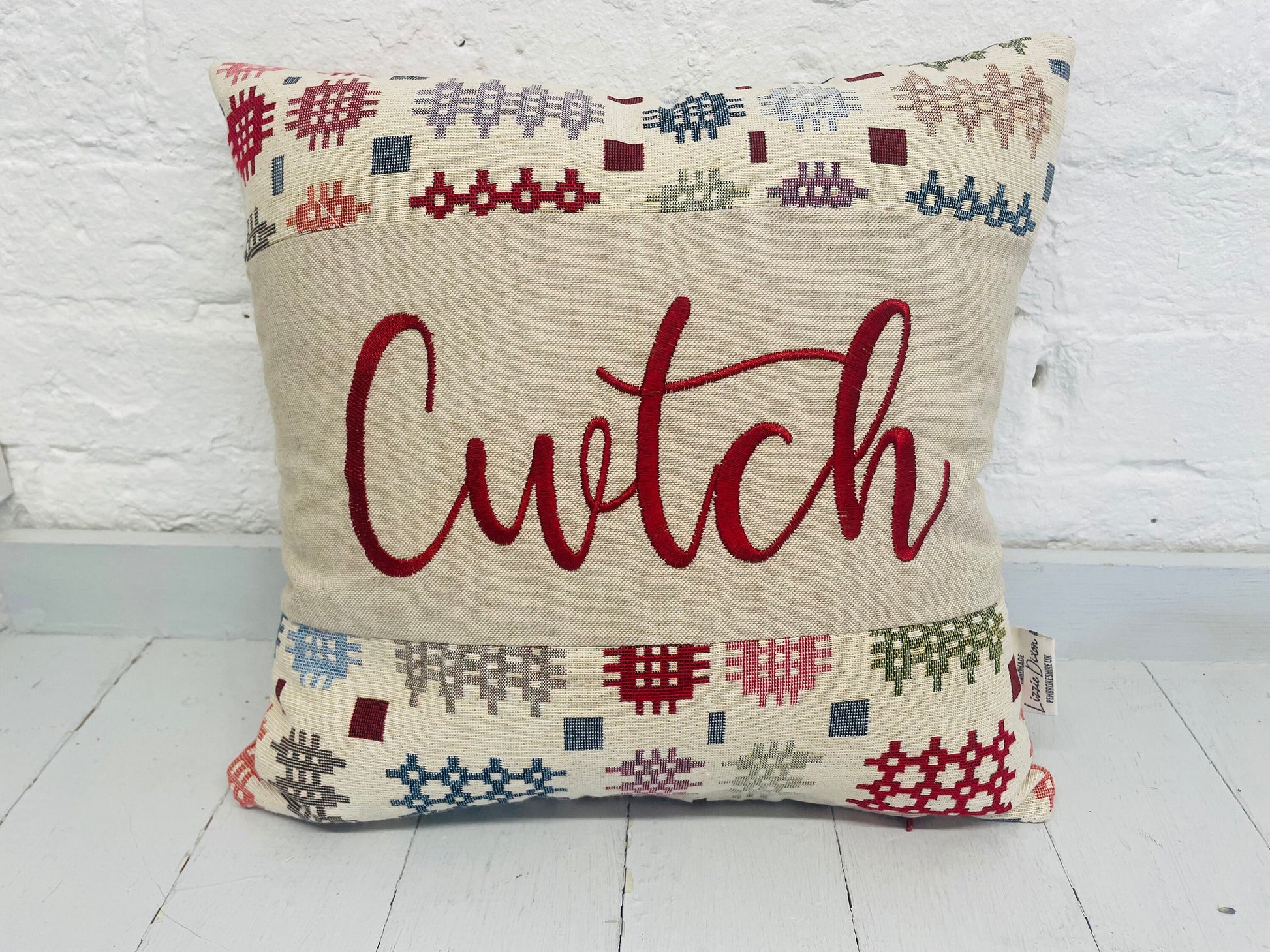 Welsh Blanket style Cwtch Cushion-Personalised Cushion- Quote Cushion-welsh tapestry style 16” Square Cushion