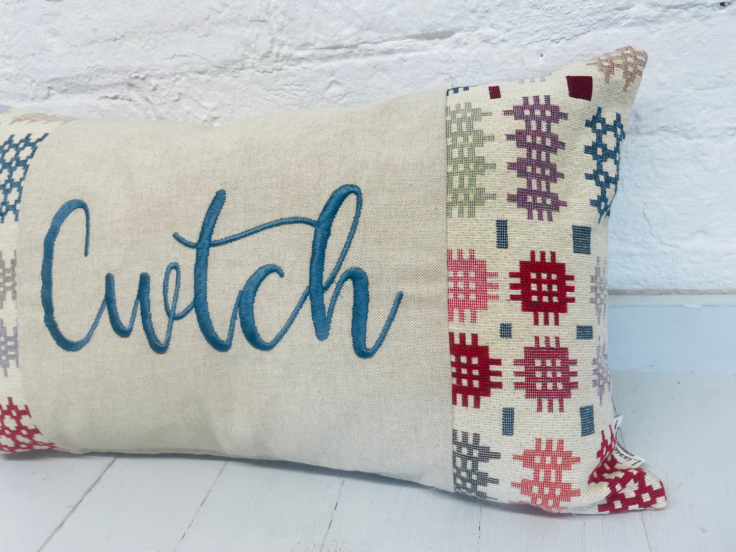 Welsh Blanket style Cwtch Cushion-Personalised Cushion- Quote Cushion-welsh tapestry style long cushion.