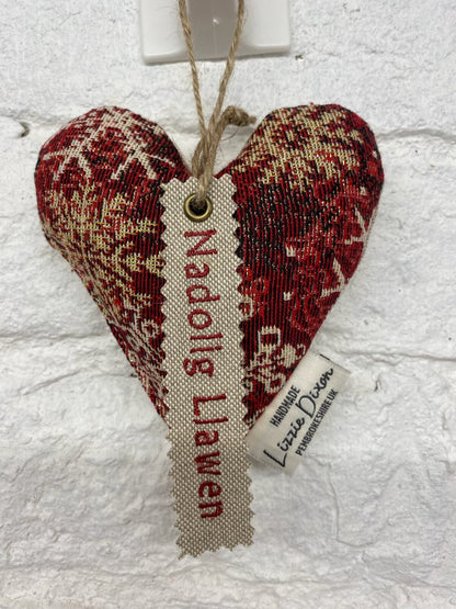 Nadolig Llawen Mini Christmas Heart .- Luxe Snowflake and Gold Tapestry fabricstyle Heart Nadolig Llawen Red Tag