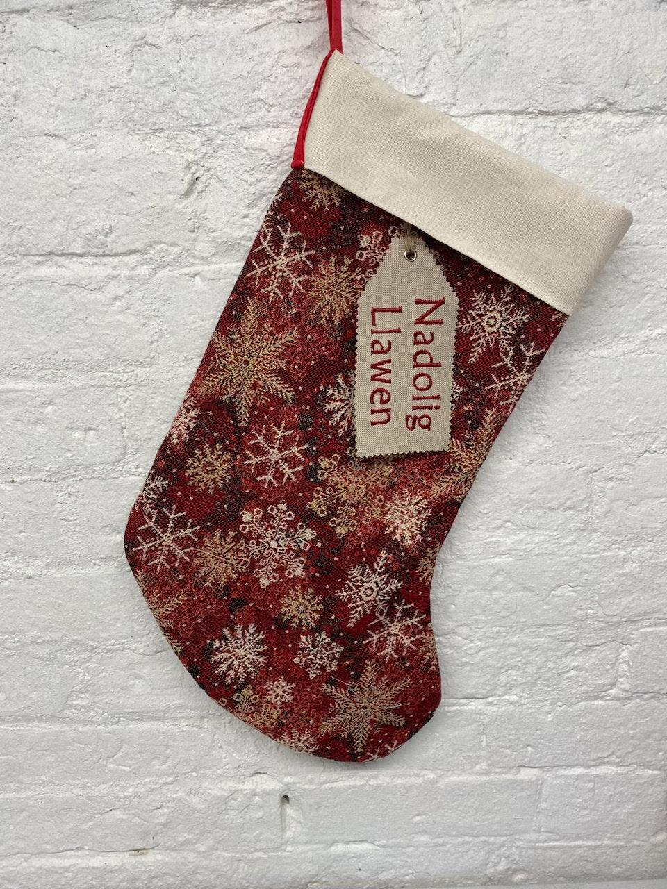 Luxe Snowflake Tapestry Stocking thread running through with a festive gold