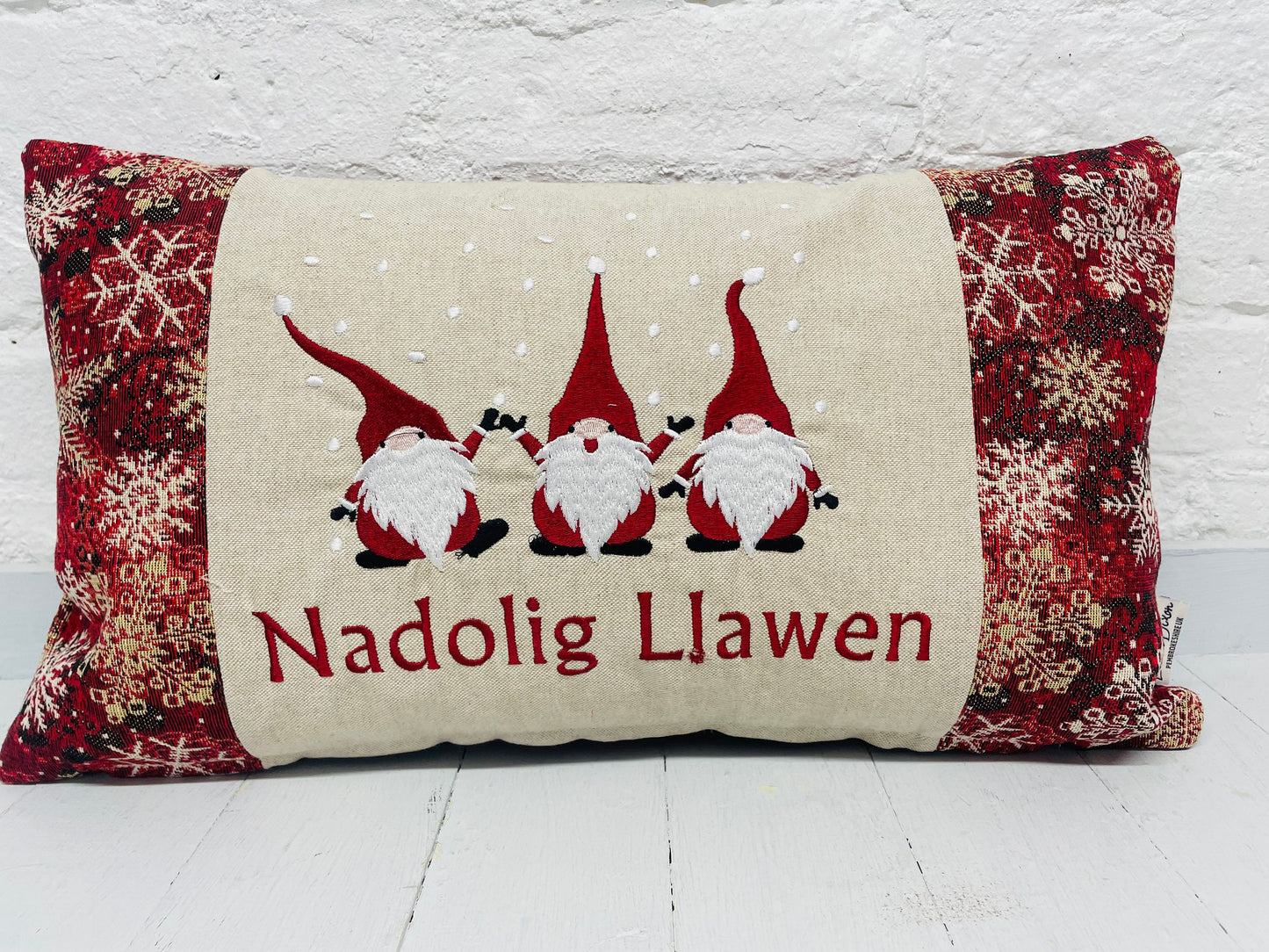 Christmas Gnomes embroidered cushion Nadolig Llawen -Luxe Snowflake with Gold thread Tapestry