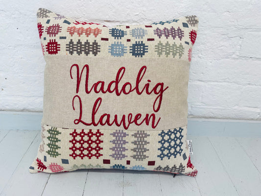 Nadolig Llawen Square Christmas Cushion- welsh Blanket style cushion cushion