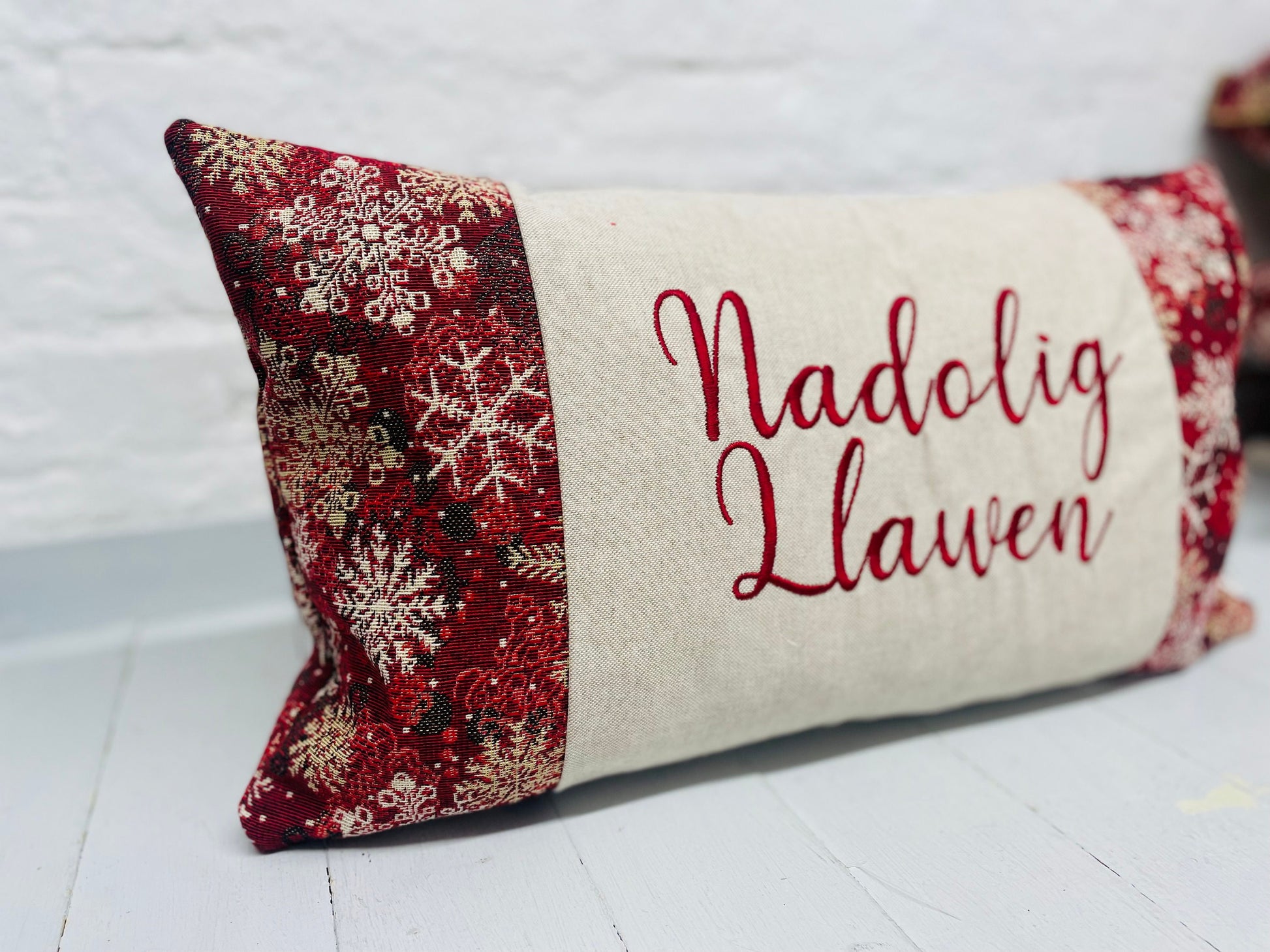 Nadolig Llawen Christmas Cushion- Snowflake Red and Gold Tapestry style cushion.