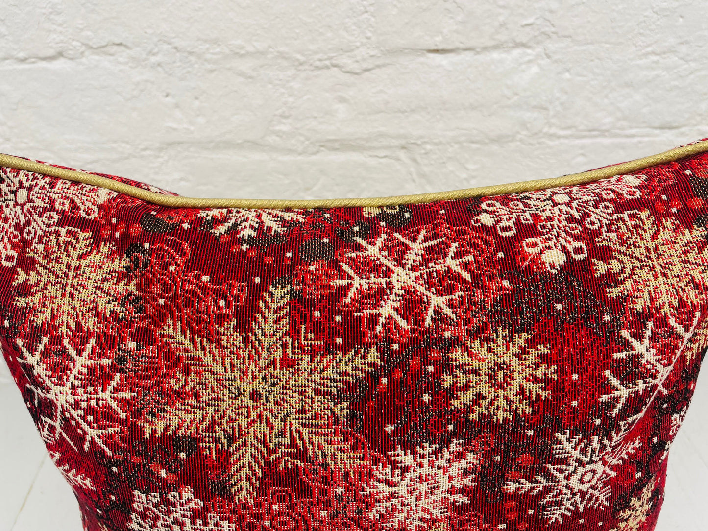 Snowflake Cushion with gold piping- Red and Gold Luxe Tapestry fabric