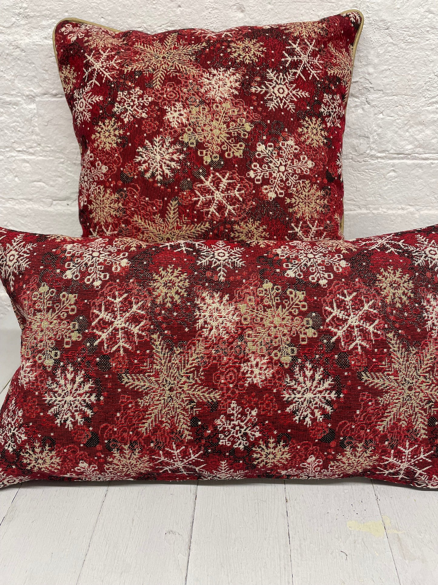 Snowflake Cushion with gold piping- Red and Gold Luxe Tapestry fabric