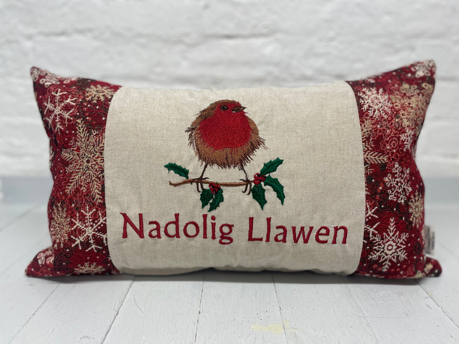 Christmas Robin ,fluffy Robin embroidered cushion Nadolig Llawen -Luxe Snowflake with Gold thread Tapestry