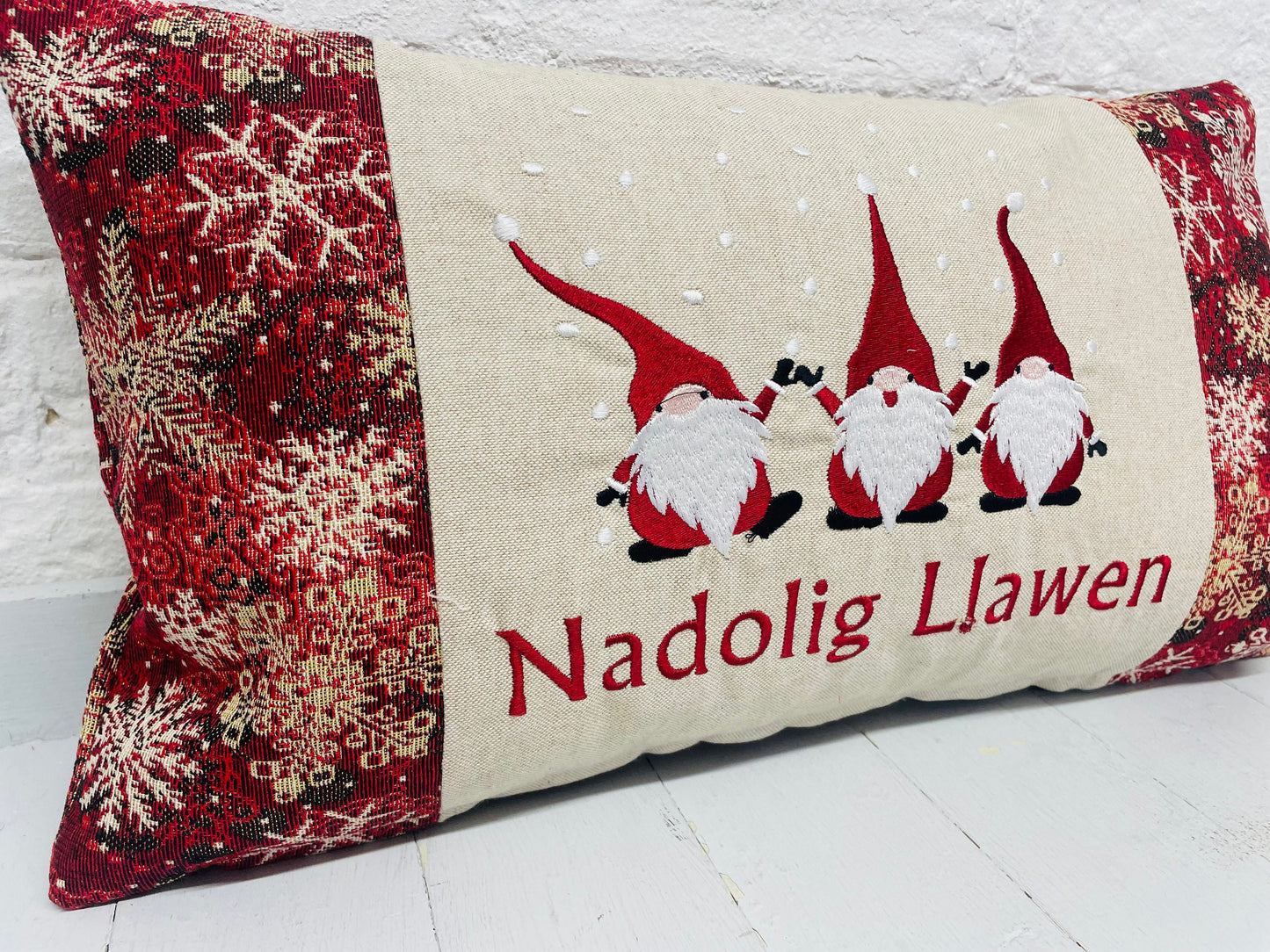 Christmas Gnomes embroidered cushion Nadolig Llawen -Luxe Snowflake with Gold thread Tapestry
