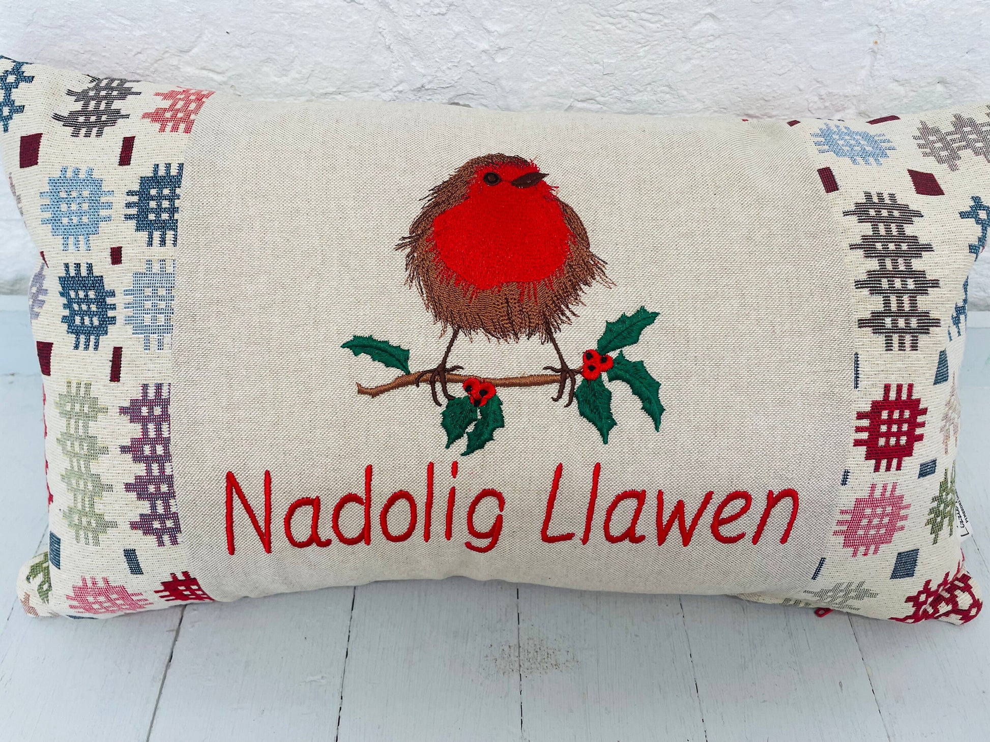 Christmas Robin ,fluffy Robin embroidered cushion Nadolig Llawen Welsh Blanket Tapestry