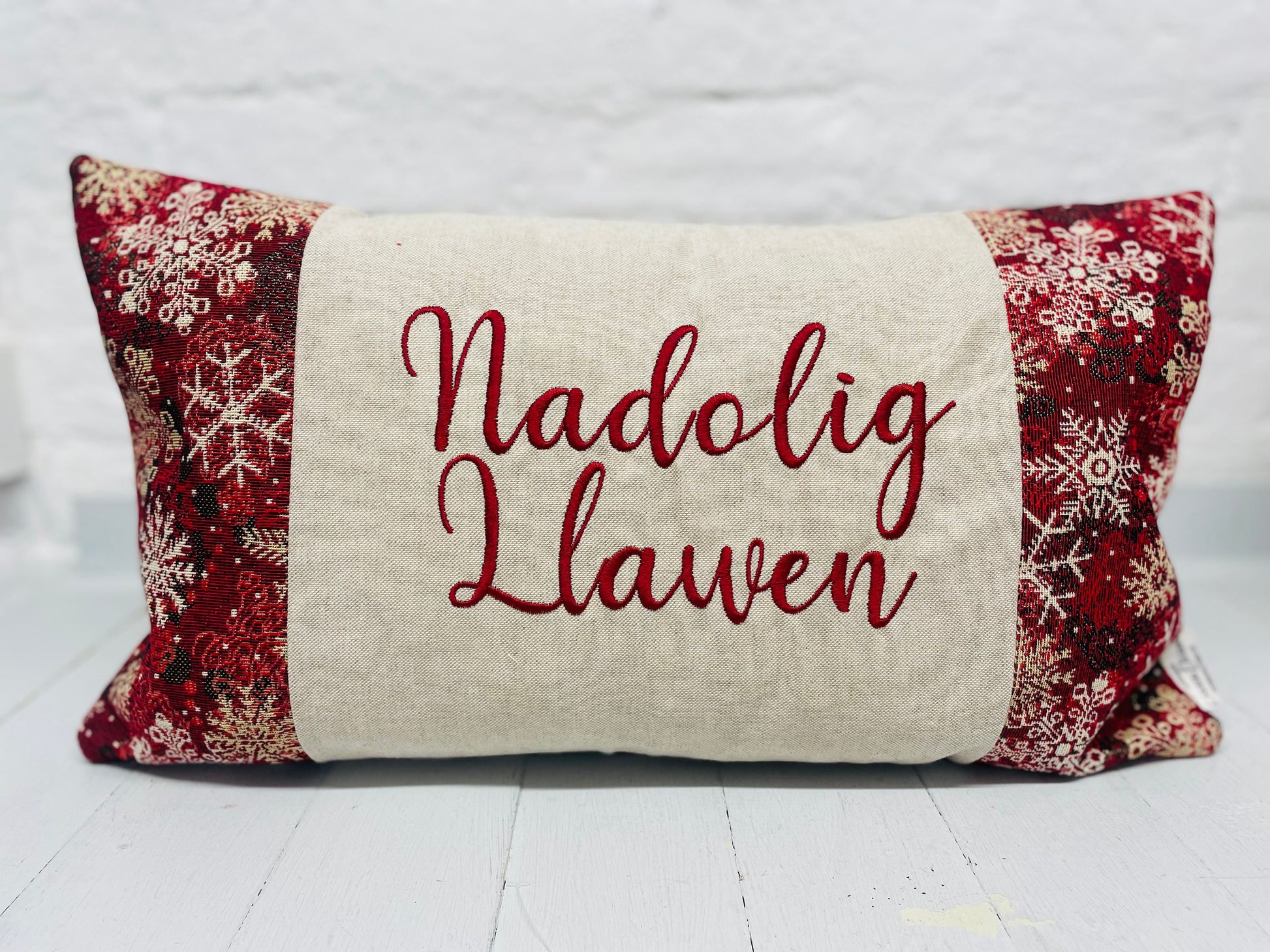 Nadolig Llawen Christmas Cushion- Snowflake Red and Gold Tapestry style cushion.